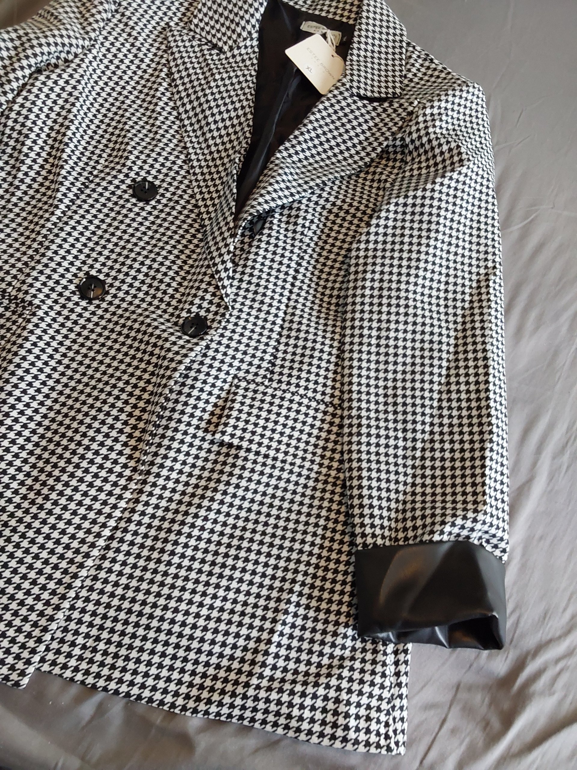 Estee Brown Black & White Houndstooth Double-Breasted Blazer XL Faux Leather Cuffs image 2