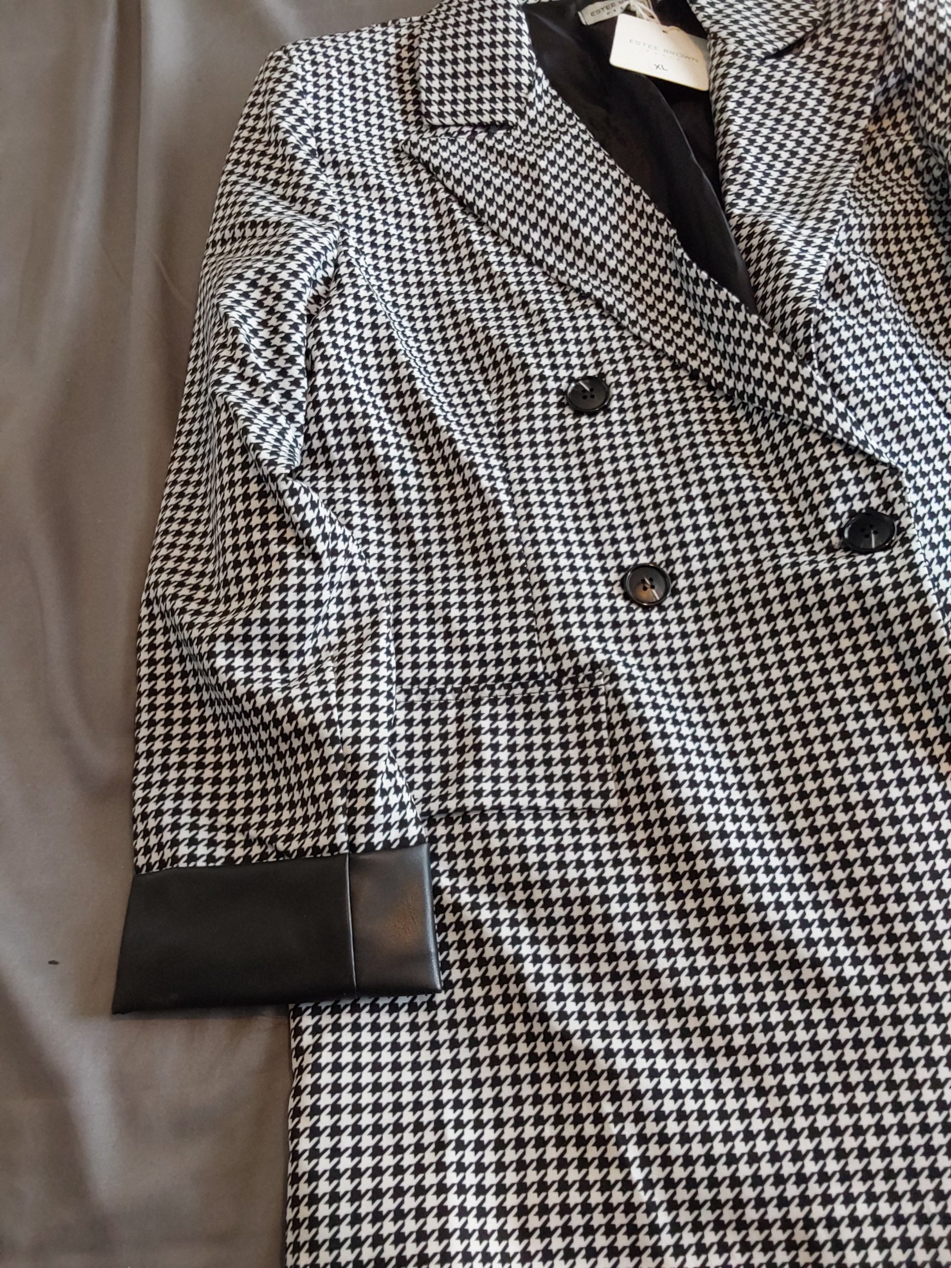 Estee Brown Black & White Houndstooth Double-Breasted Blazer XL Faux Leather Cuffs image 3