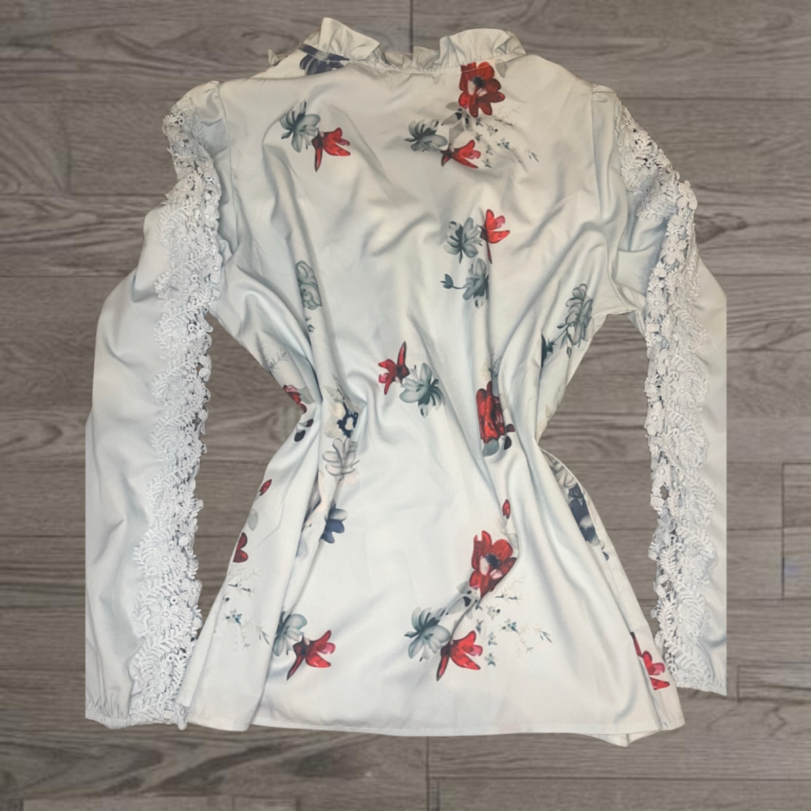 Shellay Women's Light Blue Floral Lace Sleeve Blouse medium image 2