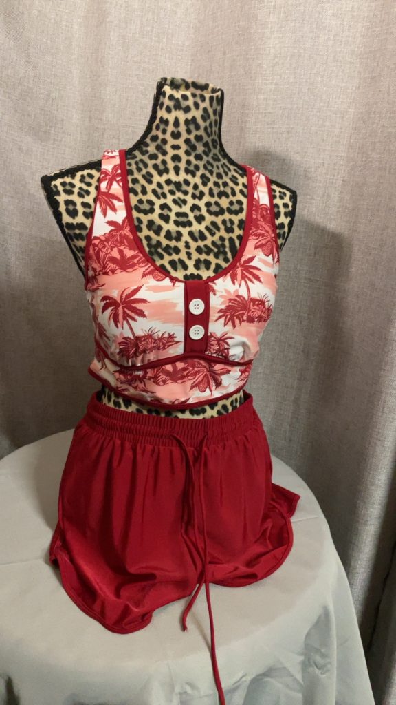 Red & Pink Floral Print Women's Size Large Two-Piece Swimsuit Set