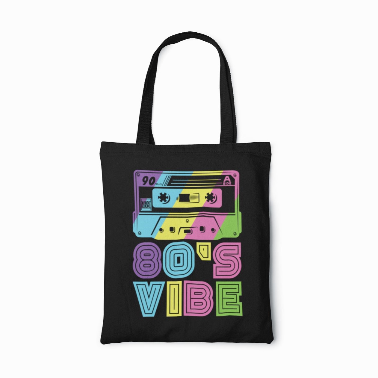 80's Vibe Reusable Shopping Tote Bag with Colorful Cassette Tape Design image 2