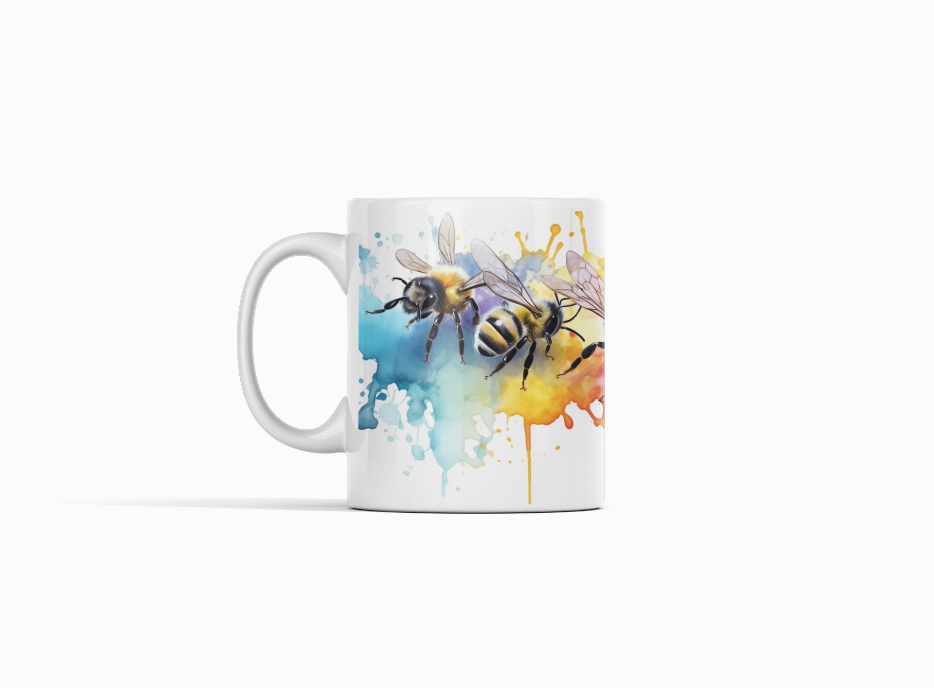 Artistic Honeybee Coffee Mug, White Ceramic with Pink Watercolor Design image 2
