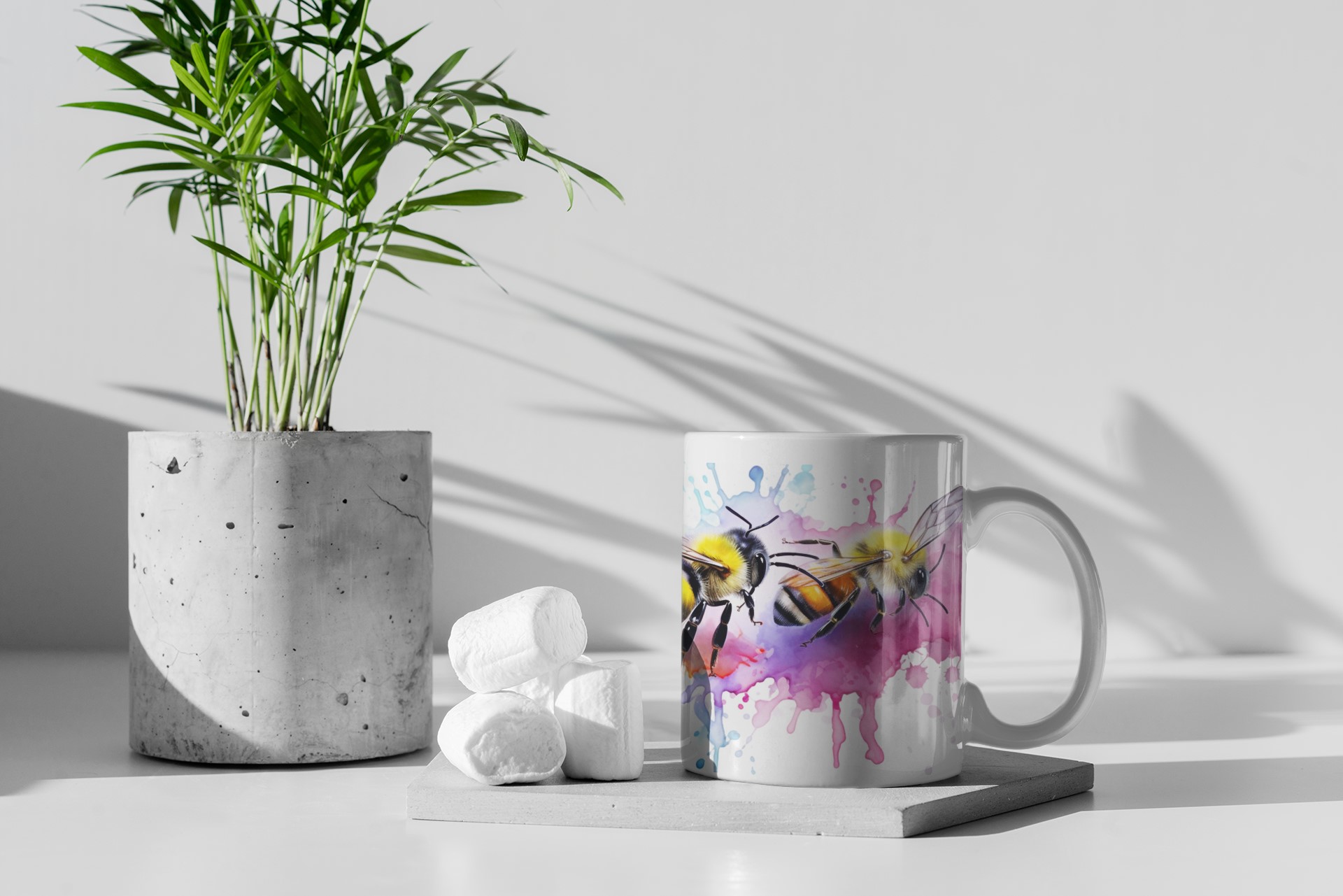Artistic Honeybee Coffee Mug, White Ceramic with Pink Watercolor Design image 3