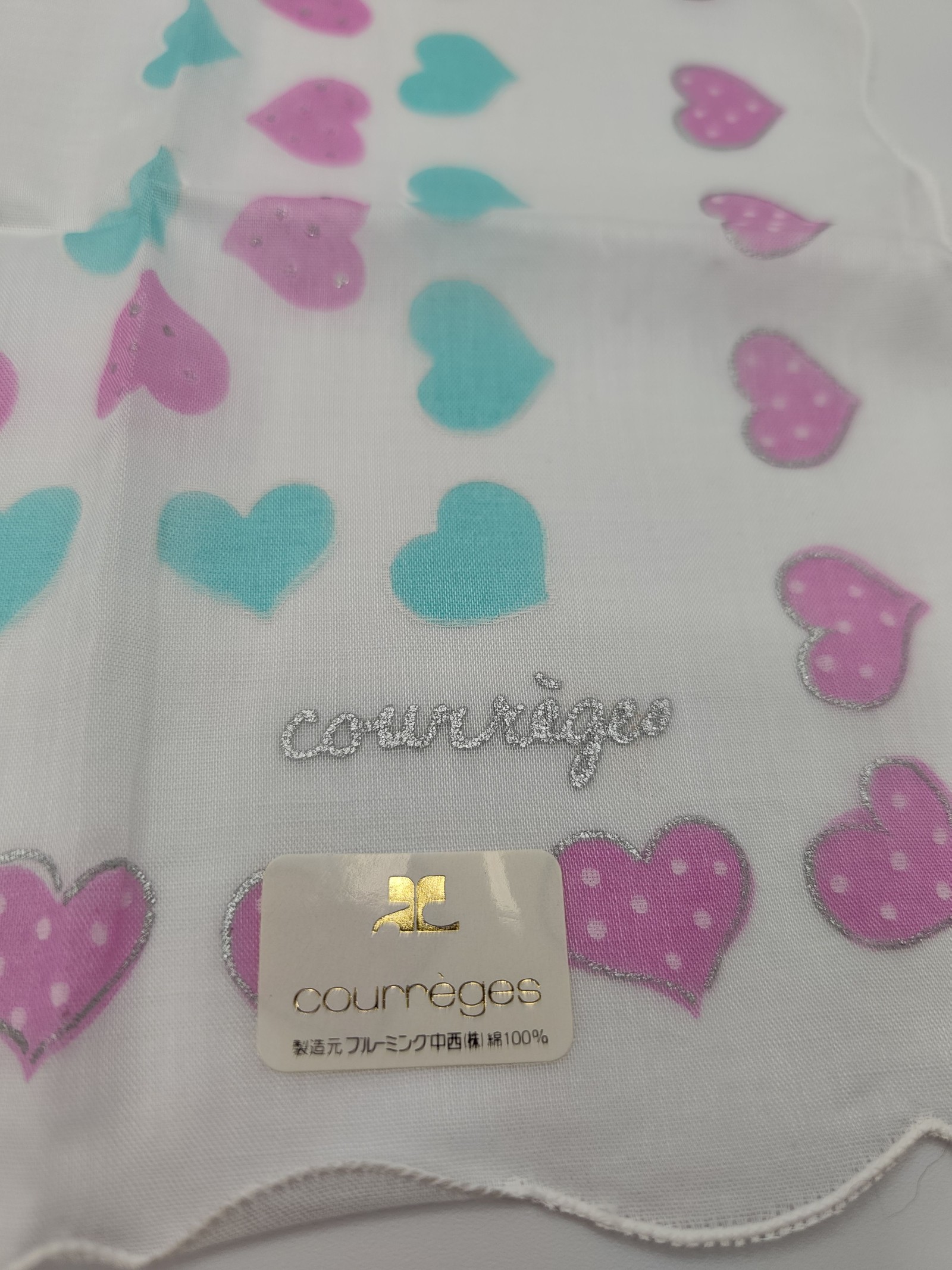 Courrèges White Pink & Blue Heart Print Cotton handkerchief Women image 2