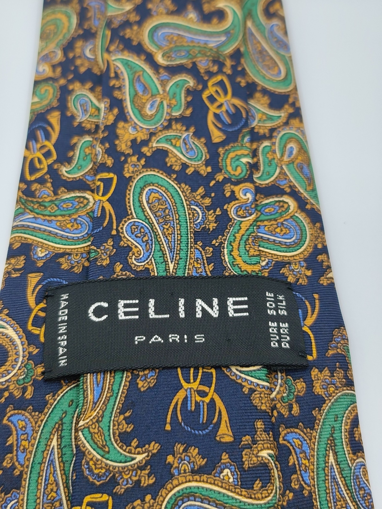 Celine Men Green & Blue Paisley Pure Silk Tie image 2