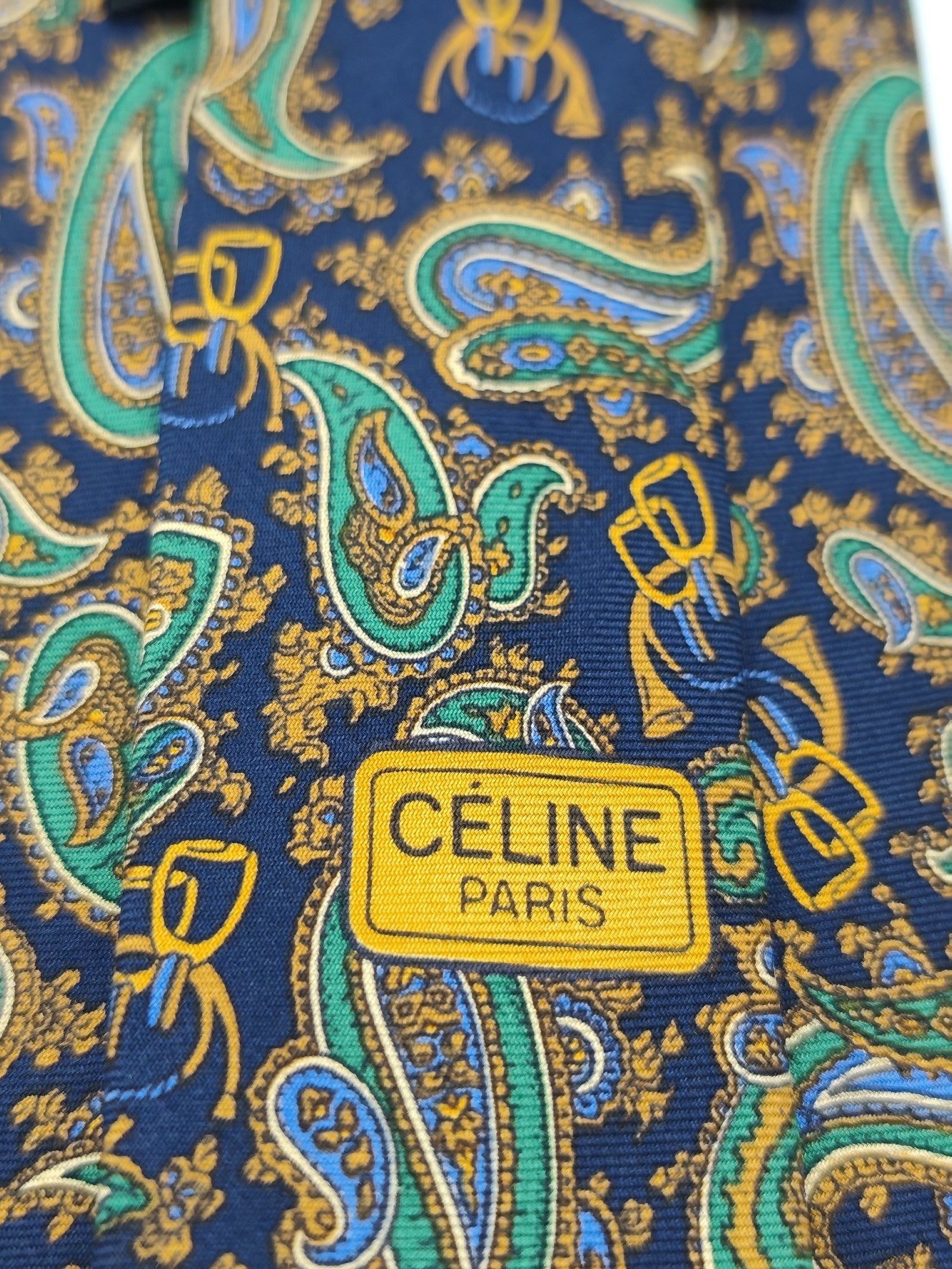 Celine Men Green & Blue Paisley Pure Silk Tie image 3