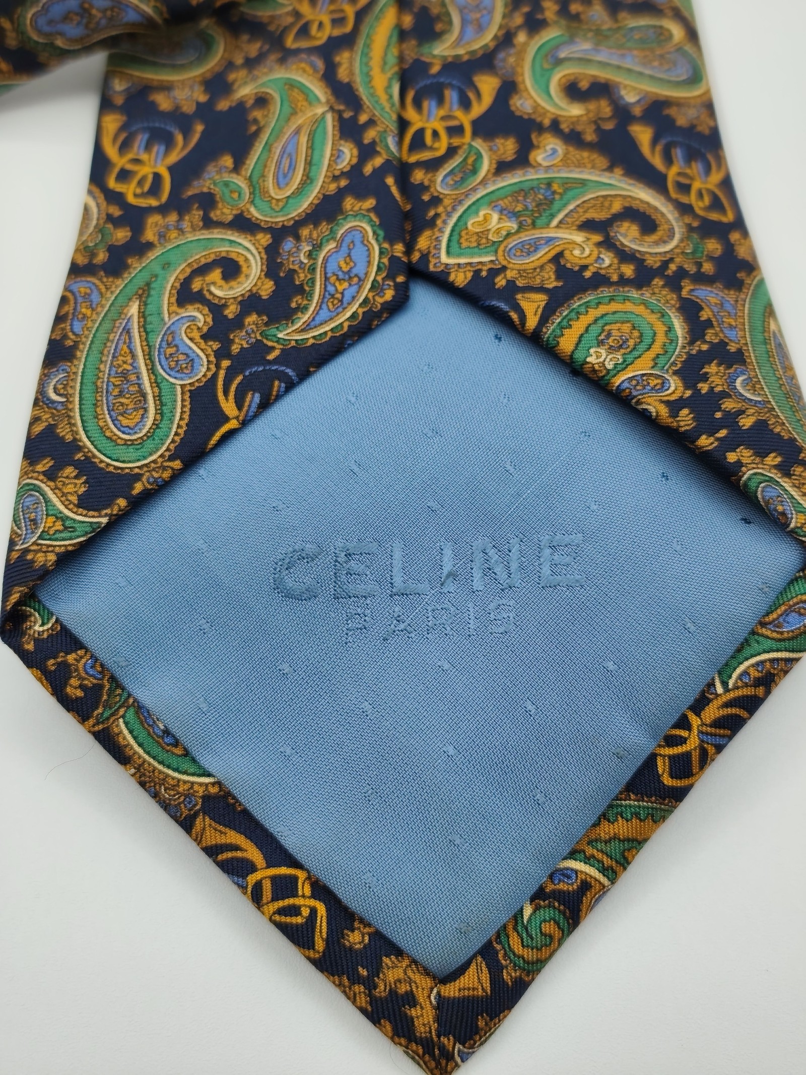 Celine Men Green & Blue Paisley Pure Silk Tie image 4