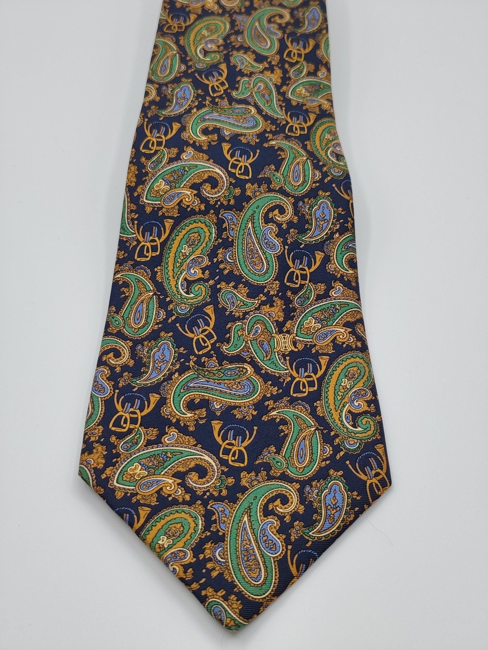 Celine Men Green & Blue Paisley Pure Silk Tie image 6