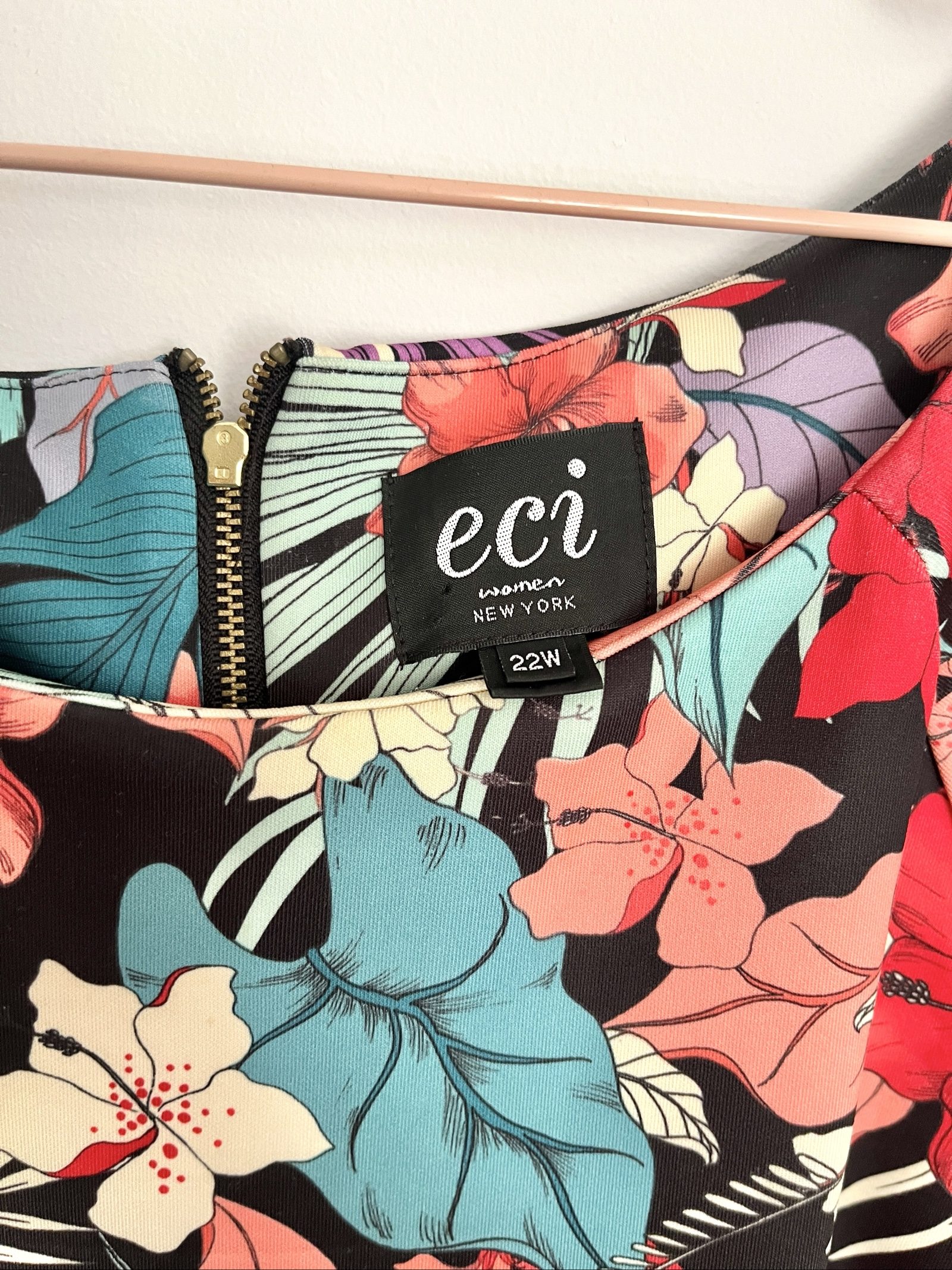ECI Women Black Tropical Floral Print Neoprene Dress 22W image 3