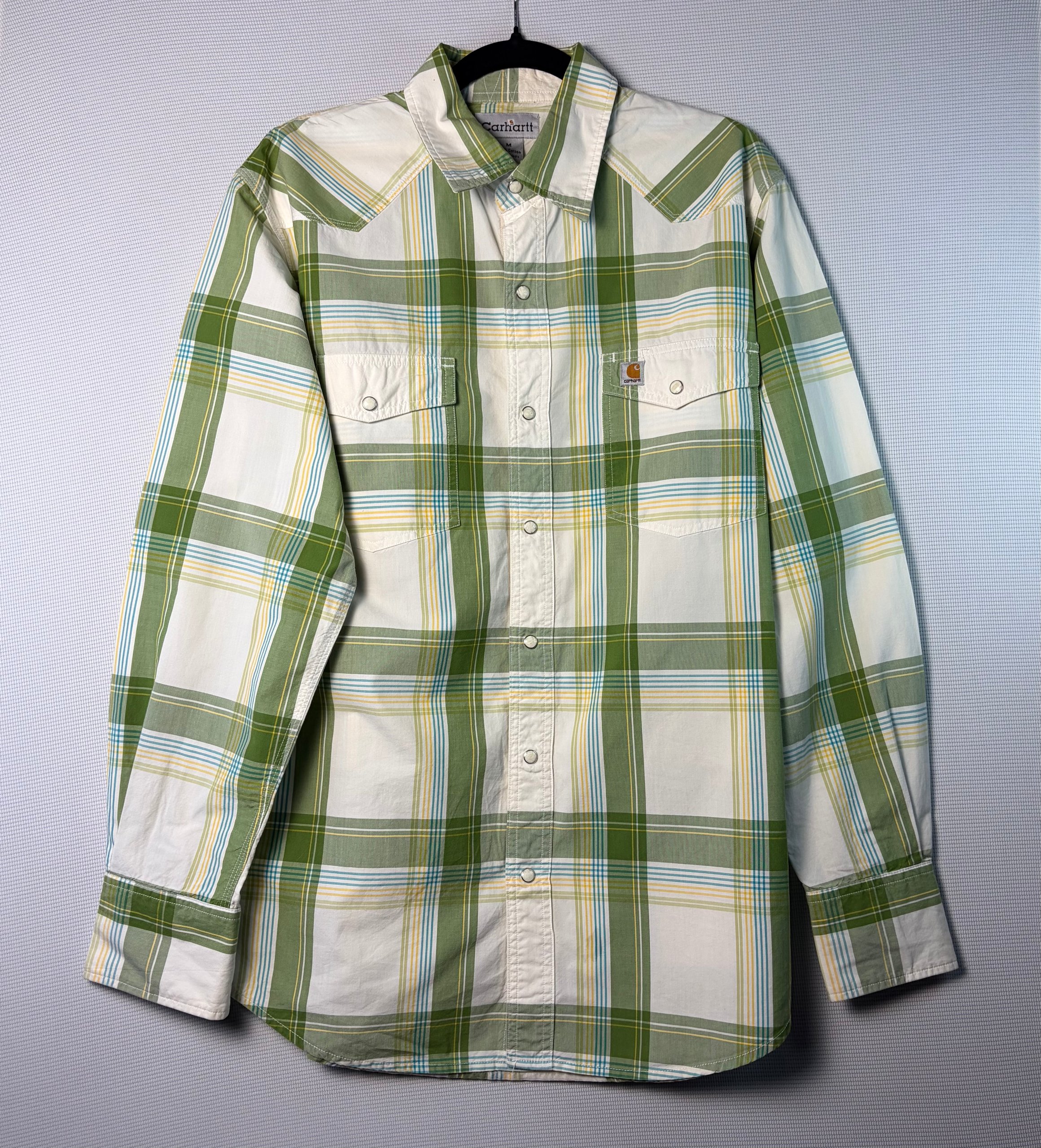 Carhartt Western Snap Shirt Green Plaid Mens Size M Pearl Snap Vintage Workwear