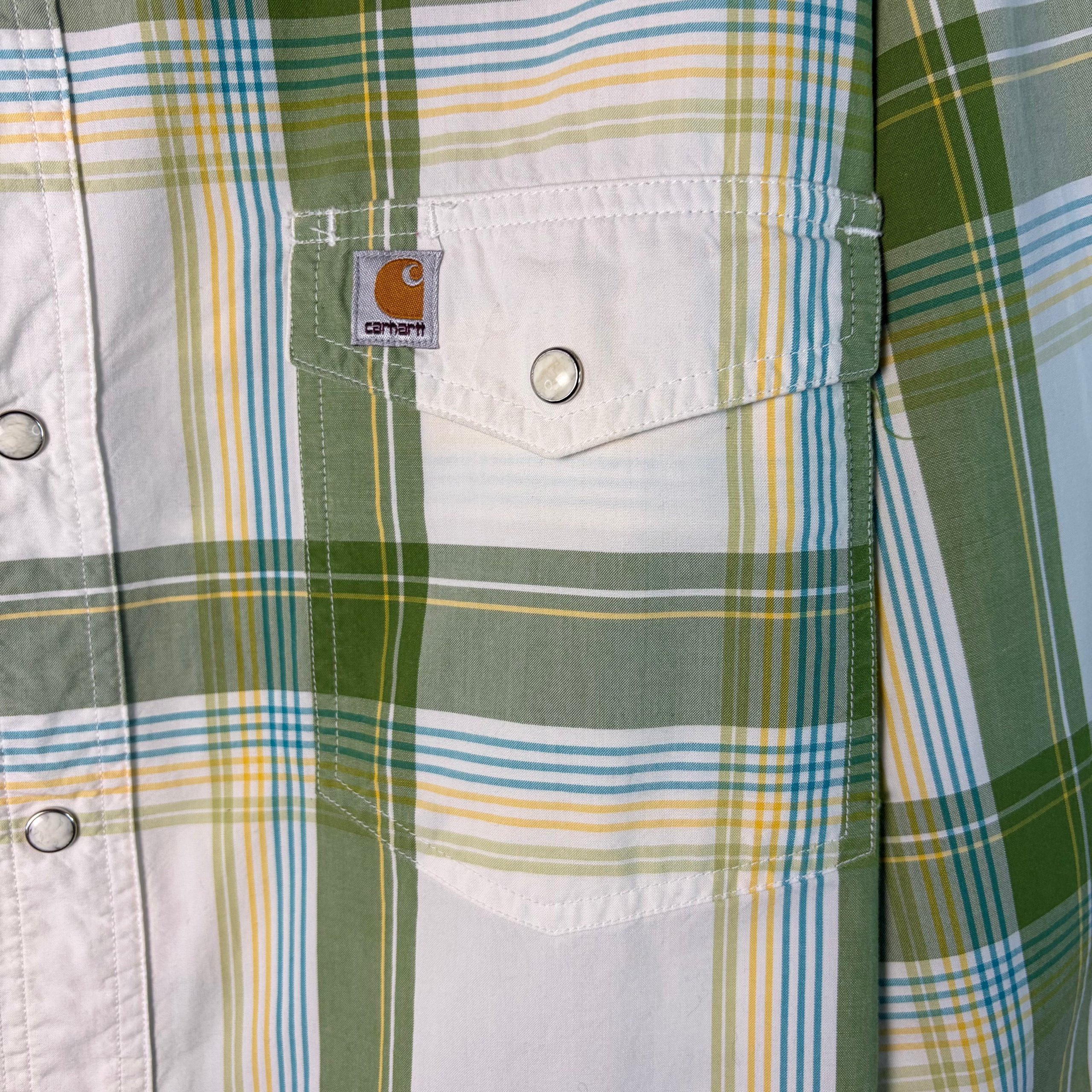 Carhartt Western Snap Shirt Green Plaid Mens Size M Pearl Snap Vintage Workwear image 2