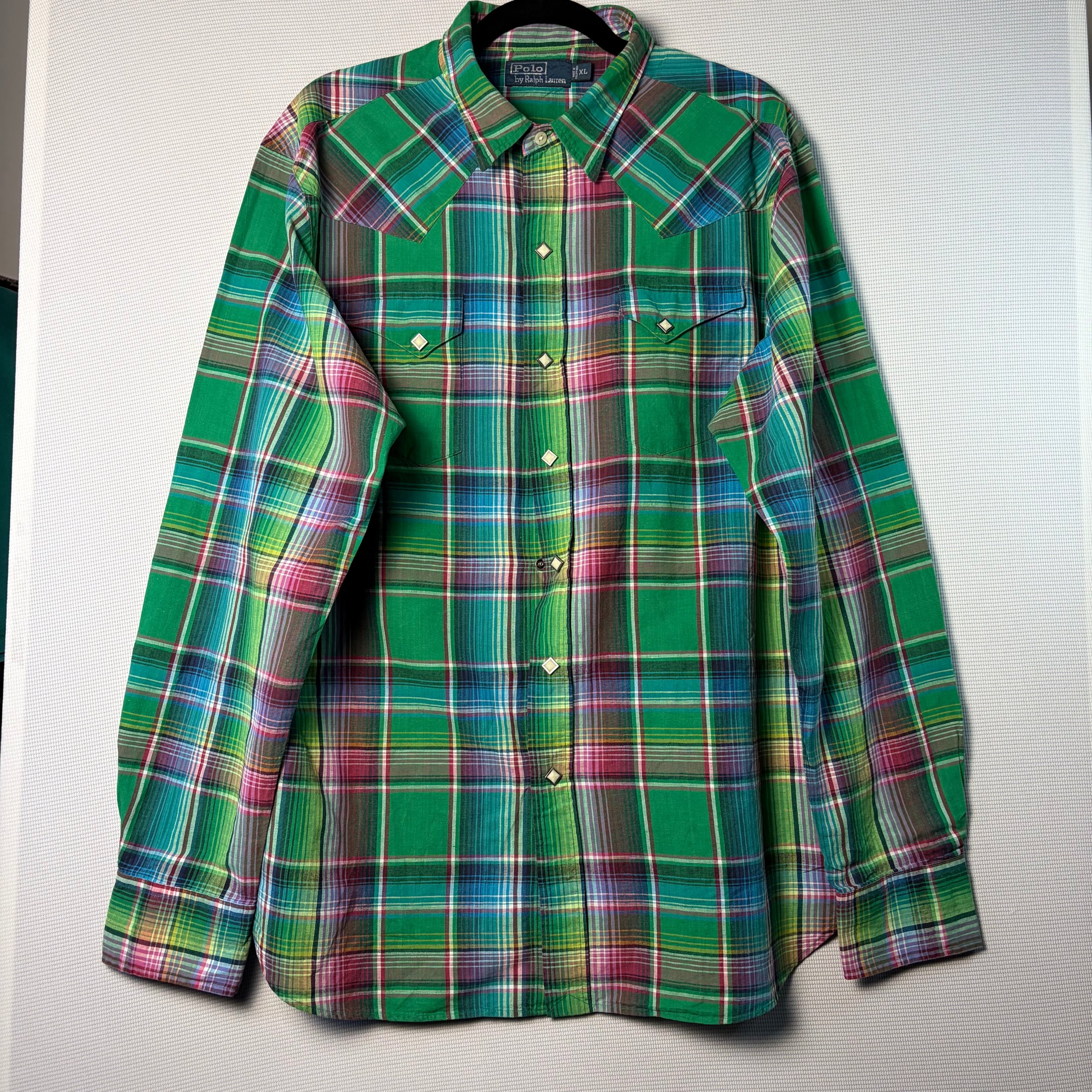 Polo Ralph Lauren Linen Western Snap Shirt Green Plaid Mens Size XL Smart Casual