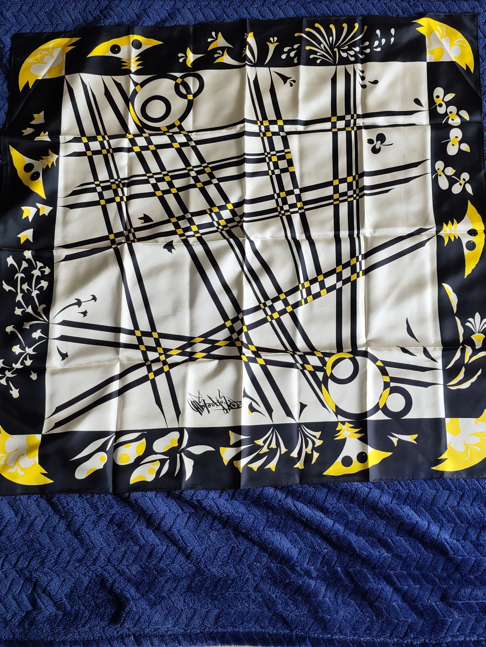 Women's Black, White & Yellow Floral Square Silk Scarf Other