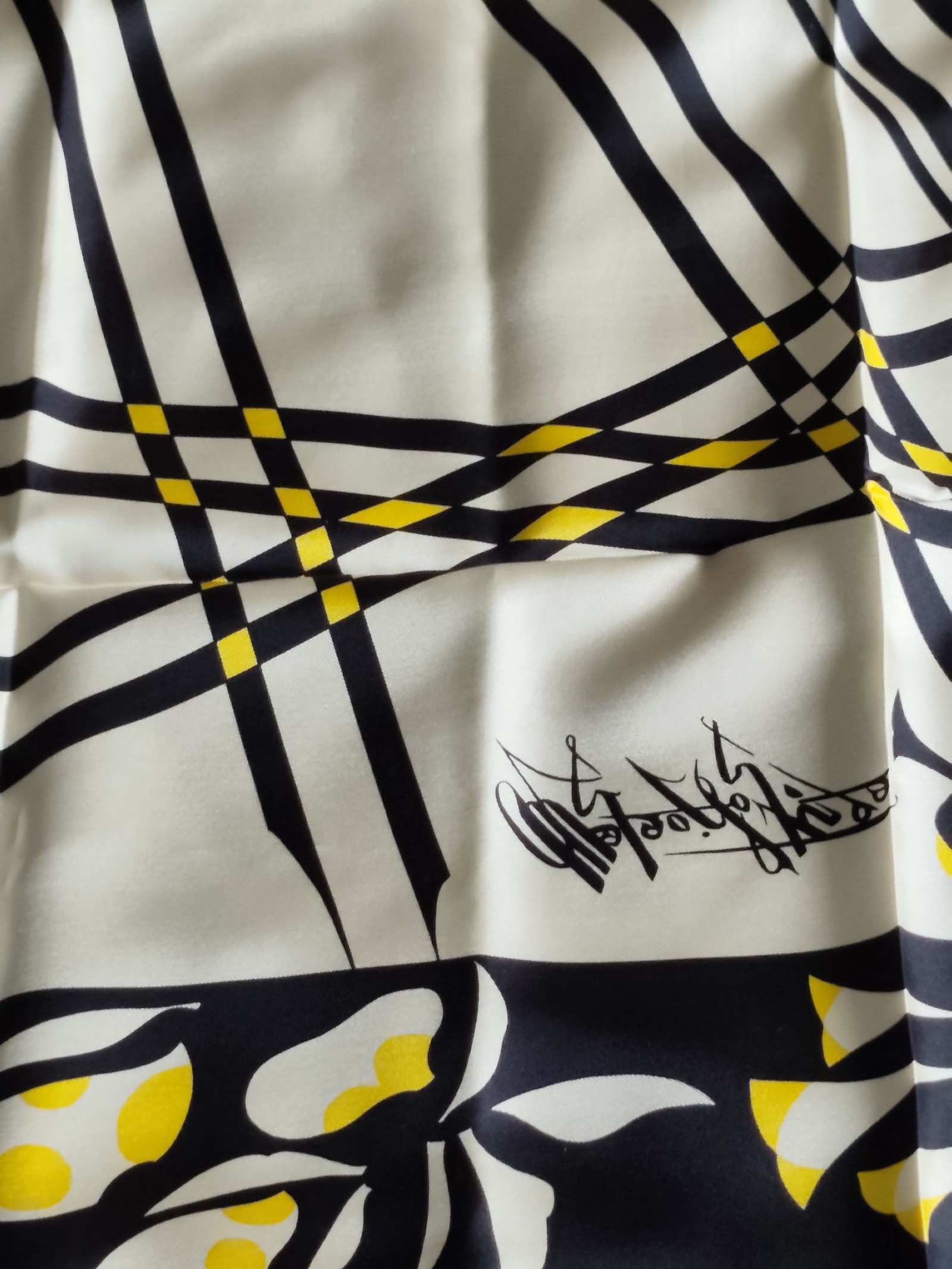 Women's Black, White & Yellow Floral Square Silk Scarf Other image 8