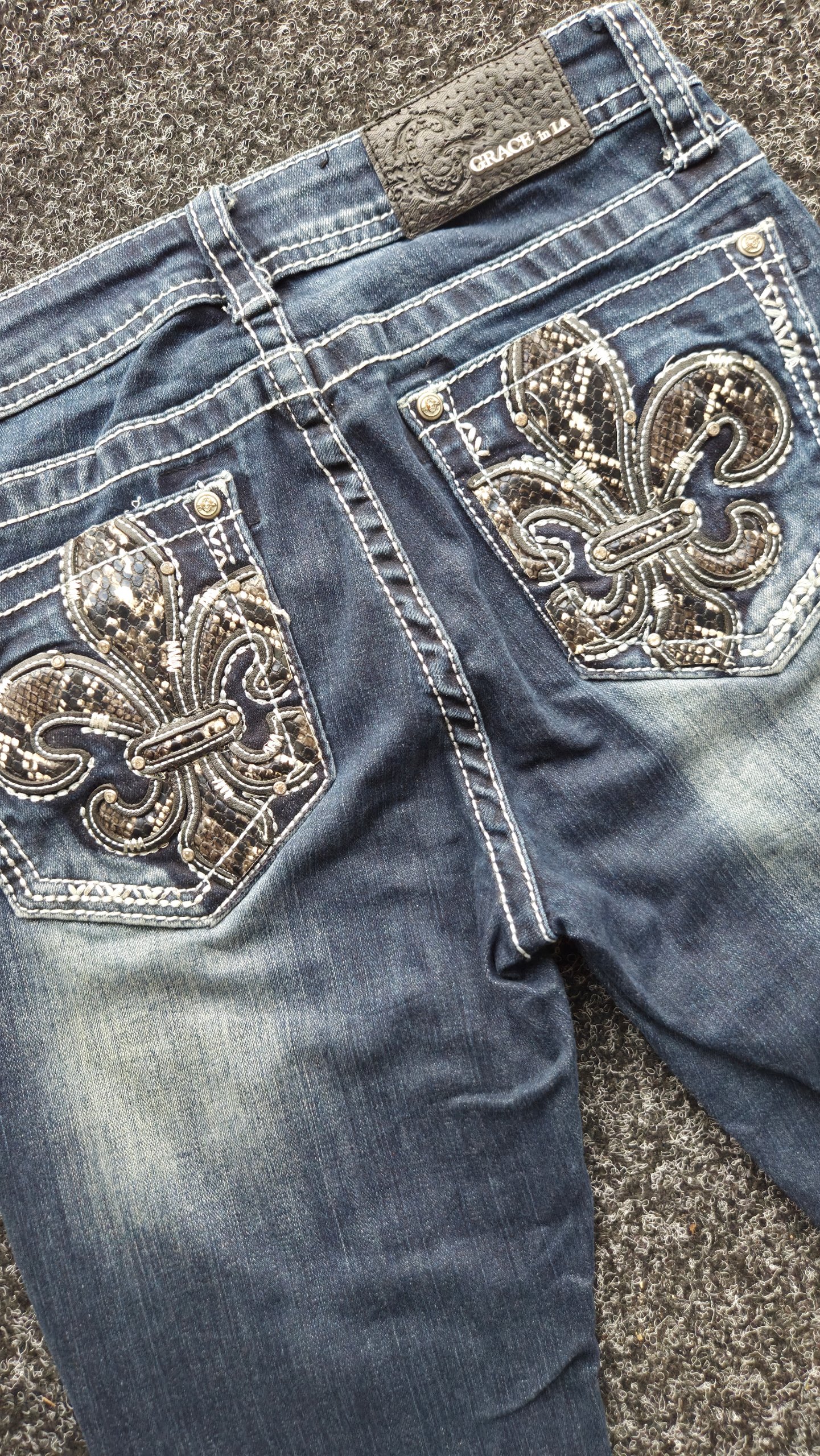 Grace in LA Easy Fit Y2K Fleur De Lis Snake Print Bootcut Jeans Women 26 / UK 6-8