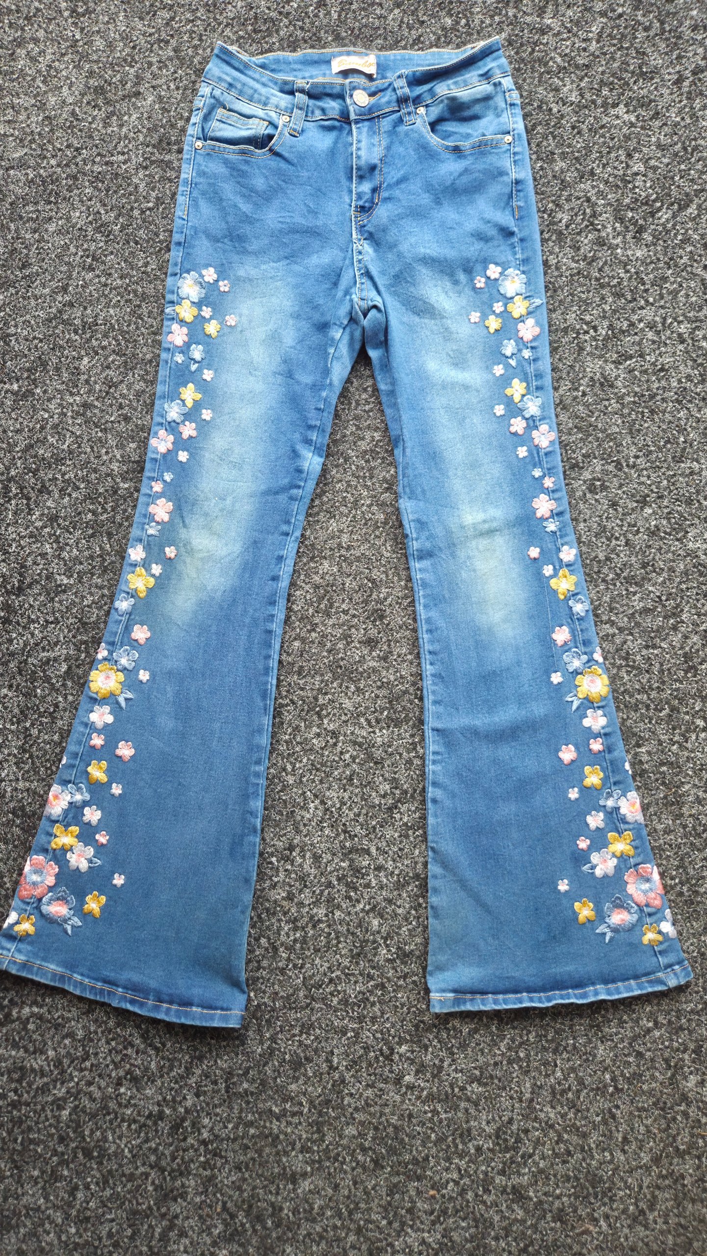 Vintage Y2K Bamboo Floral Embroidered Bootcut Flare Jeans Blue Petite UK 4 W24 L28
