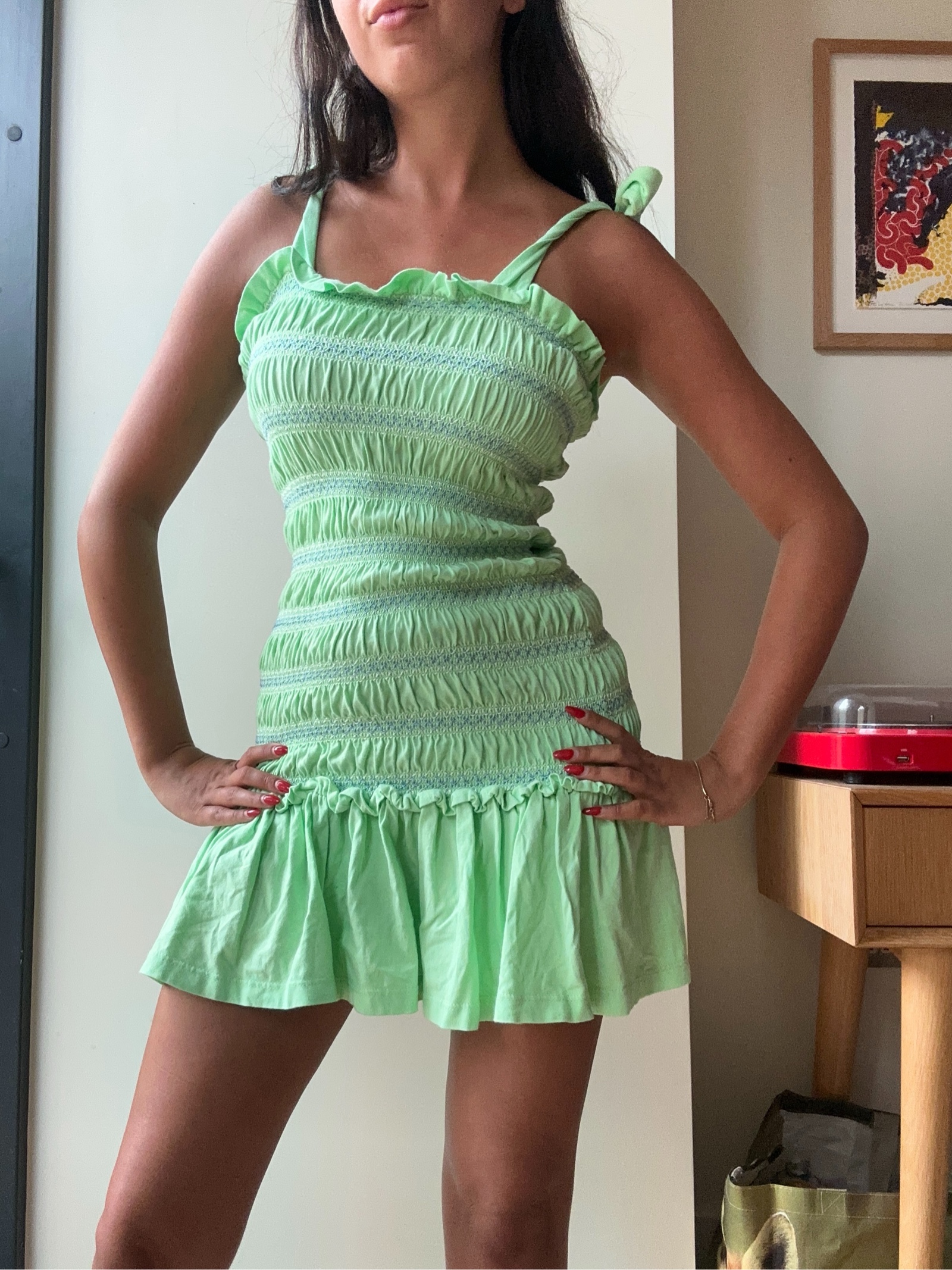 Green Ruffle Hem Tie-Strap Women's Summer Dress Small