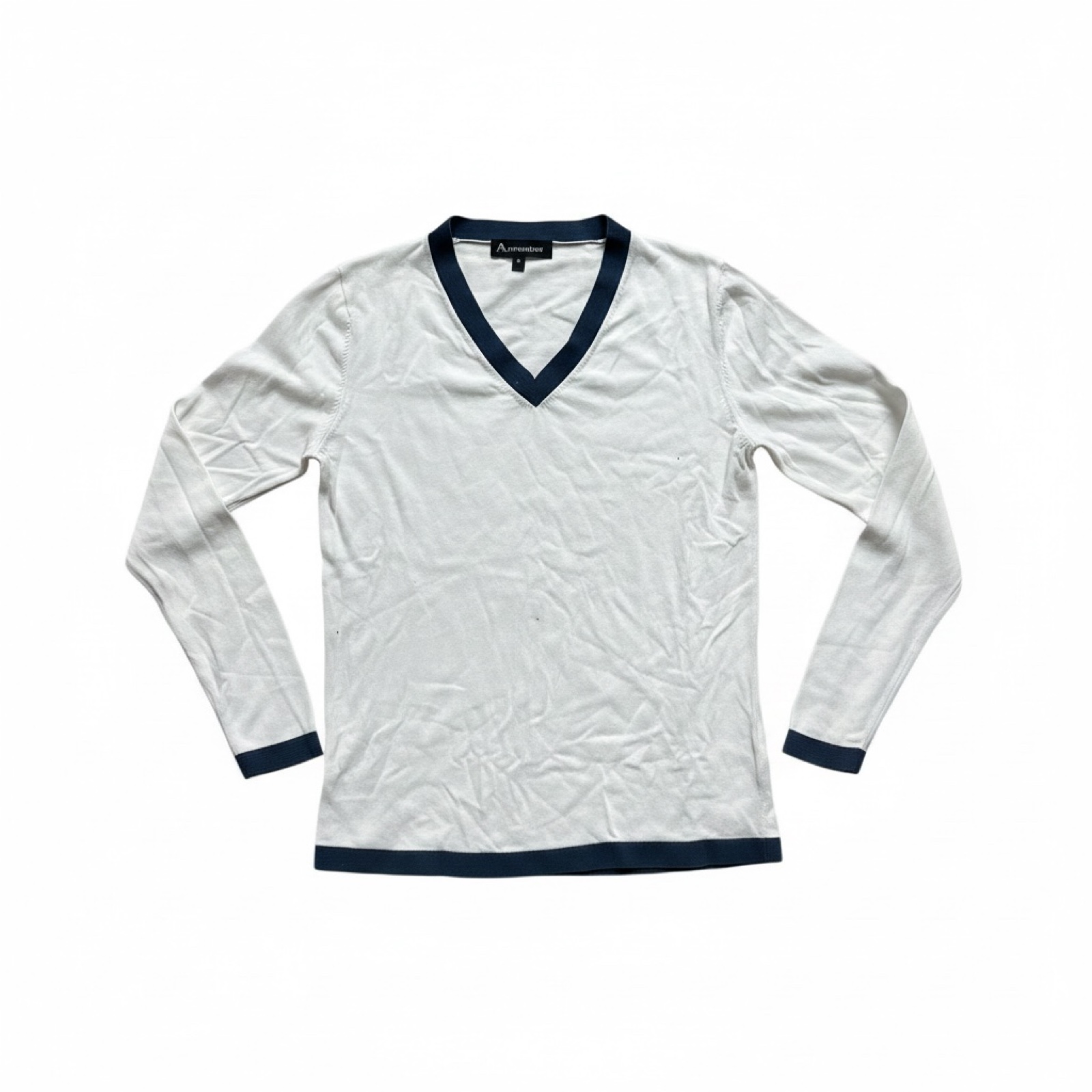 Aquascutum Women's White & Navy V-Neck Long Sleeve Top Medium