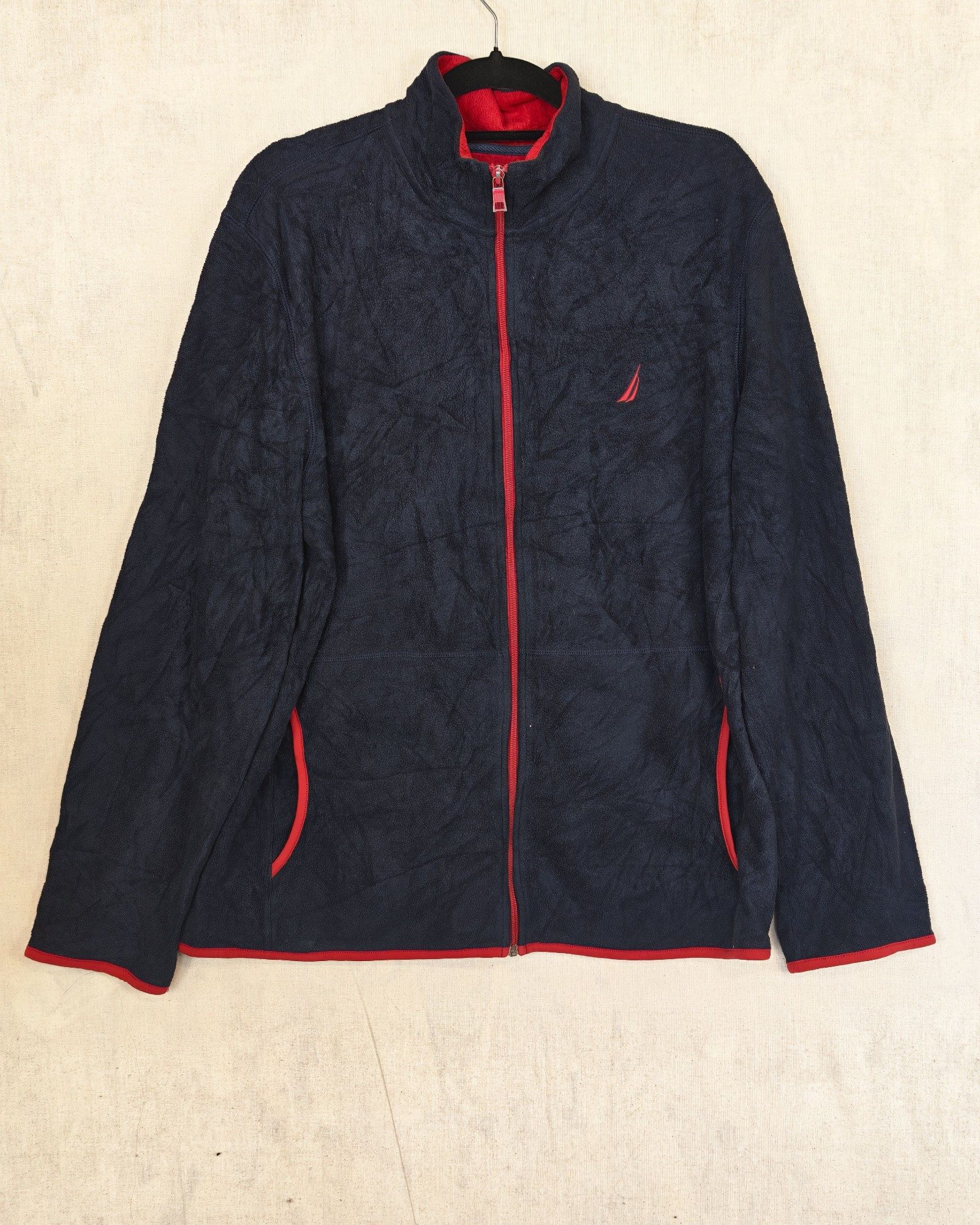 Nautica Navy & Red Fleece Jacket Large Full Zip Gorpcore Sailing Spellout