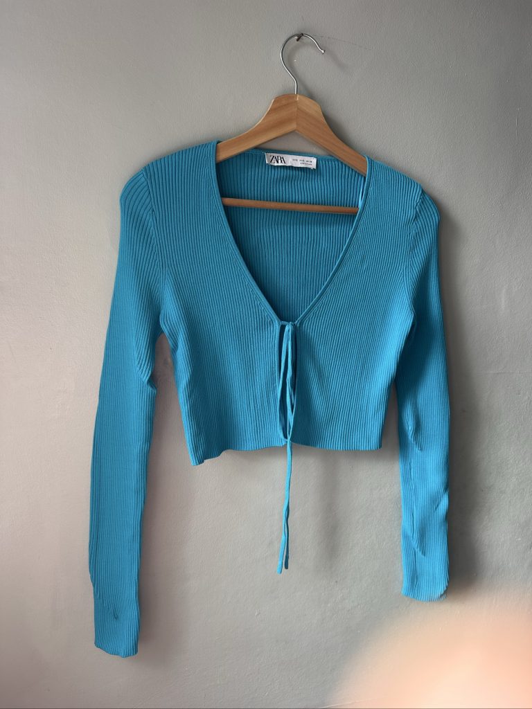 Zara Women's Blue Ribbed Crop Cardigan Small Tie Front