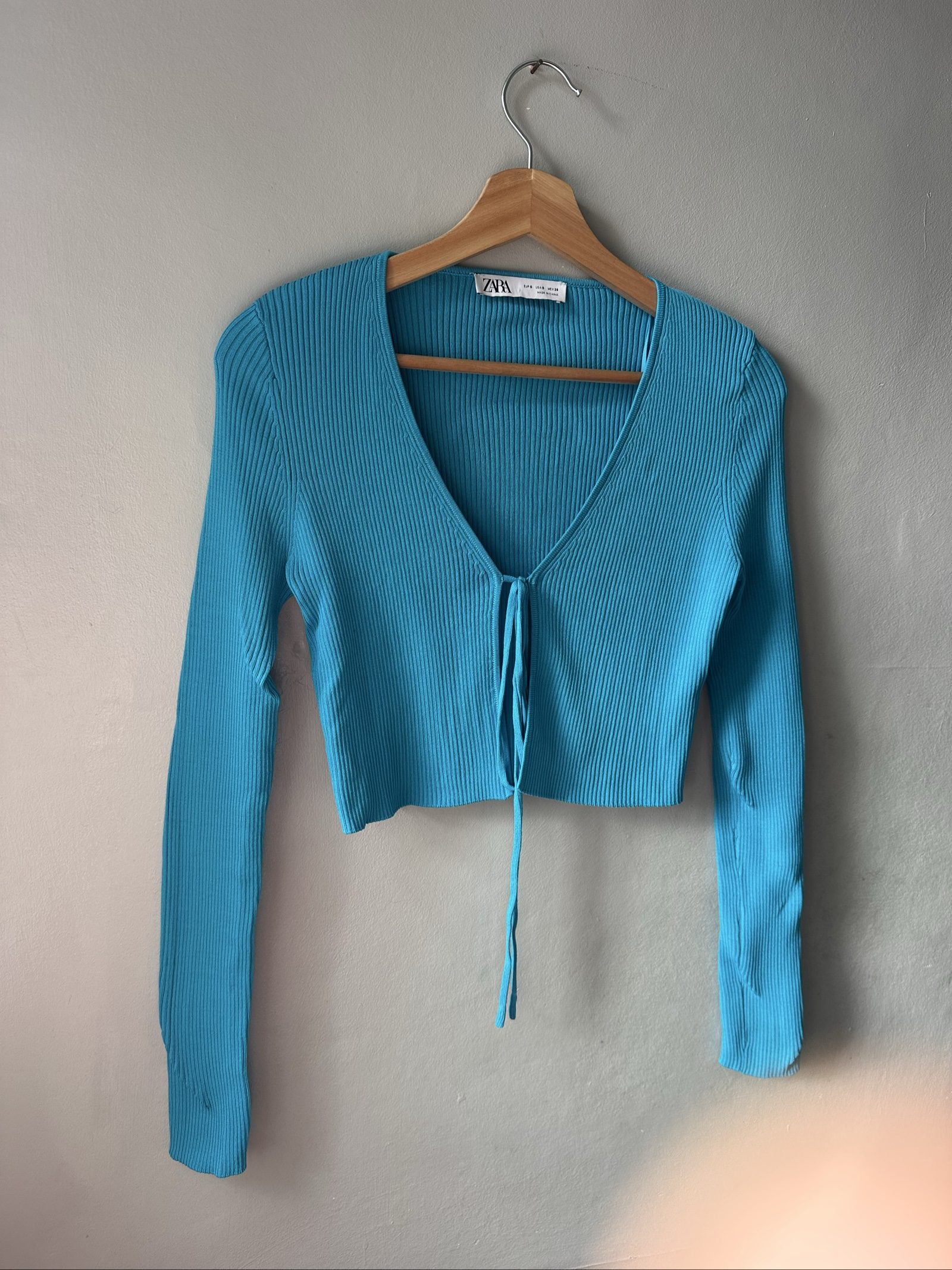 Zara Women's Blue Ribbed Crop Cardigan Small Tie Front
