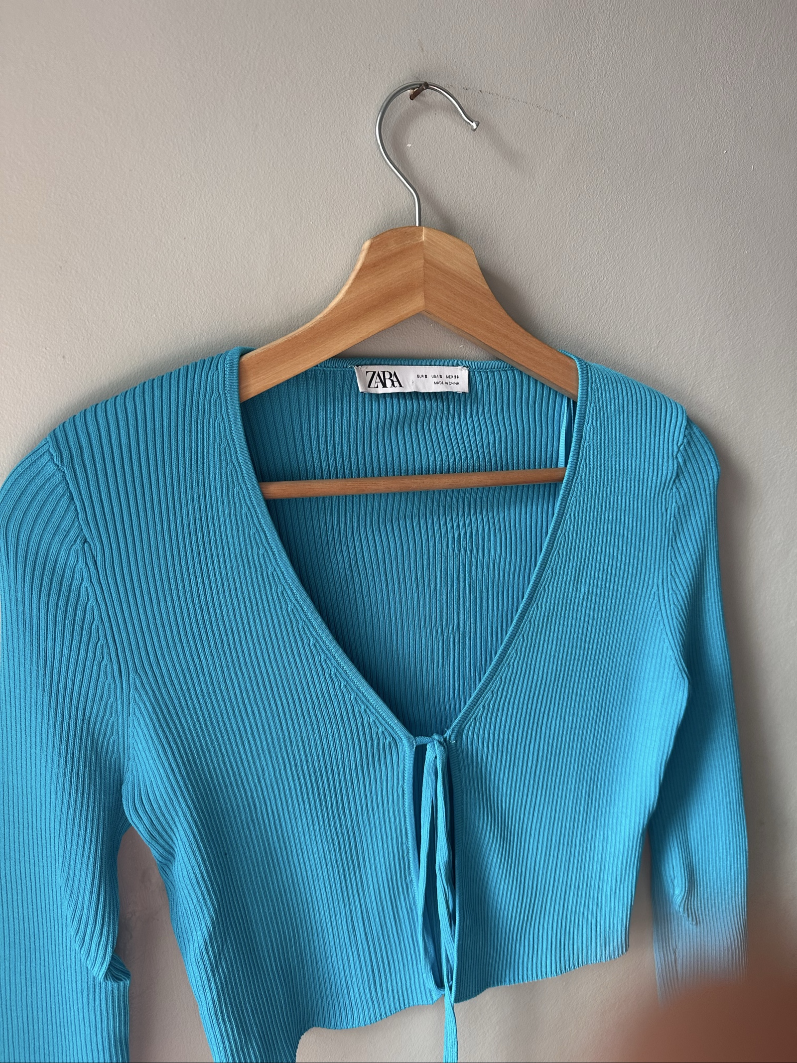 Zara Women's Blue Ribbed Crop Cardigan Small Tie Front image 2