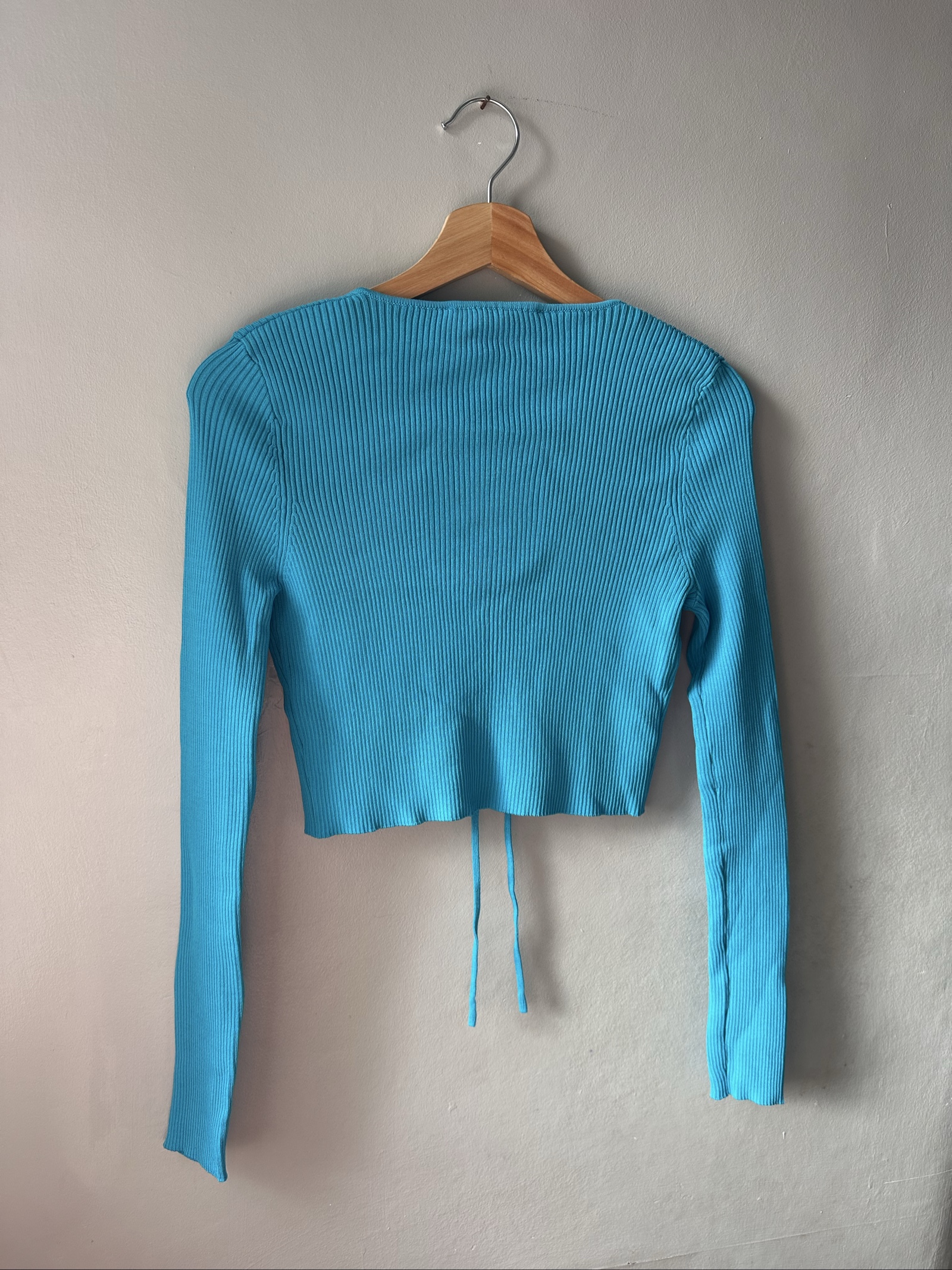 Zara Women's Blue Ribbed Crop Cardigan Small Tie Front image 4