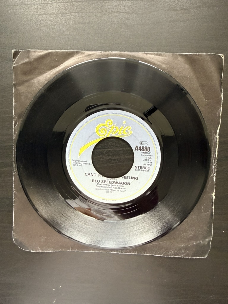 Reo Speedwagon Epic Vinyl 45 RPM Single 1966 Classic Rock Can't Fight This Feeling