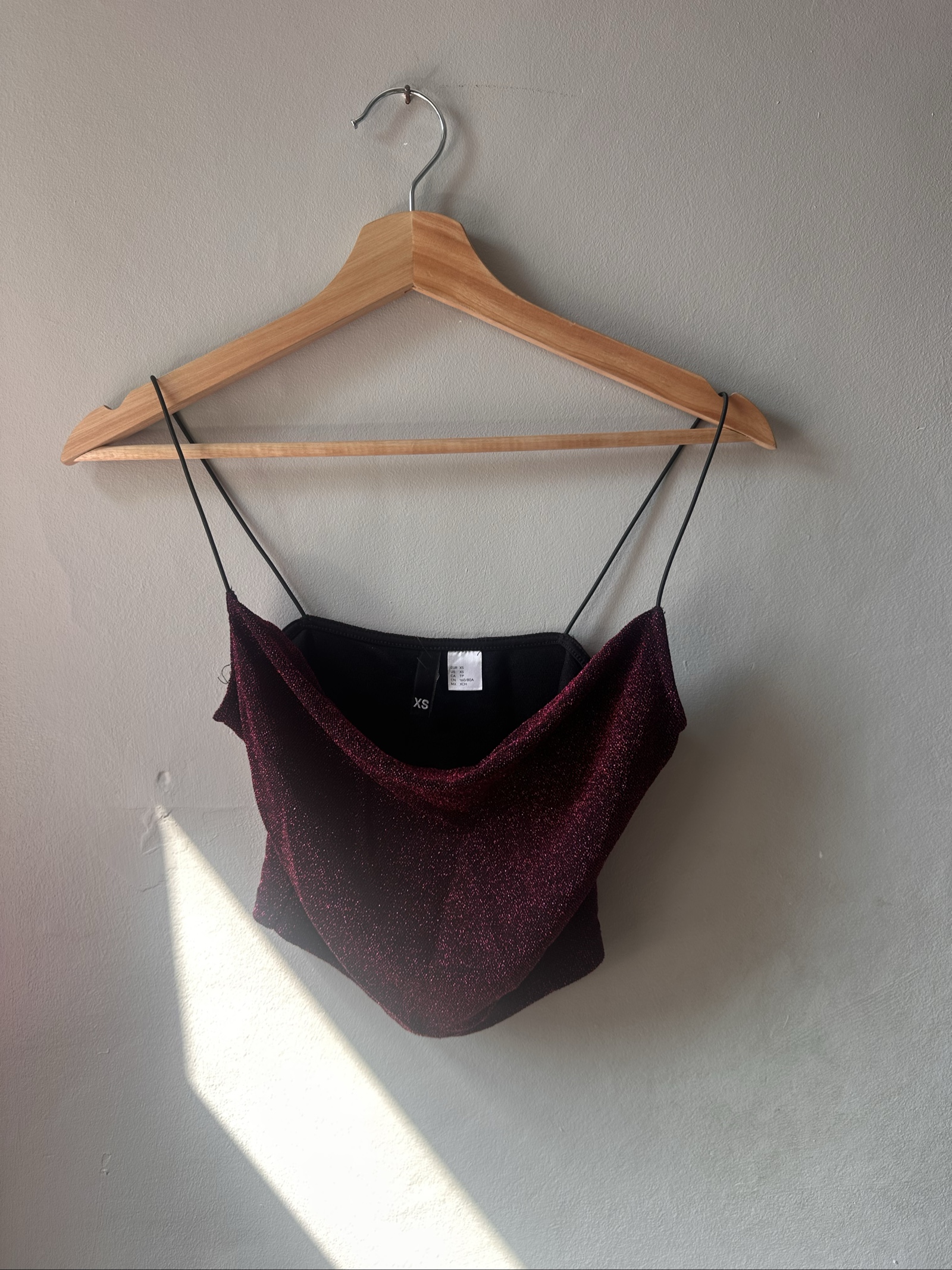 XS Burgundy & Black Glitter Spaghetti Strap Crop Top