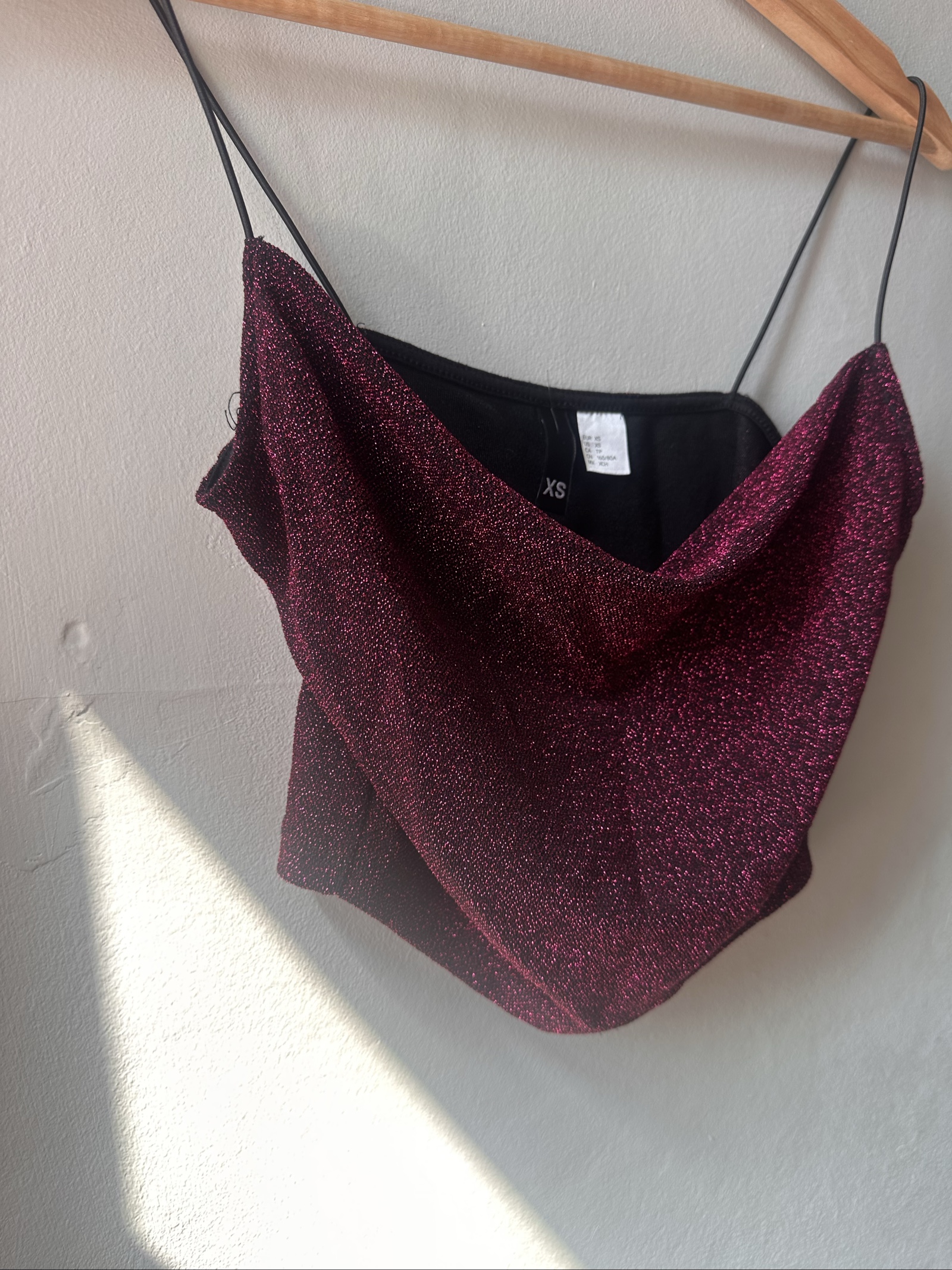 XS Burgundy & Black Glitter Spaghetti Strap Crop Top image 2