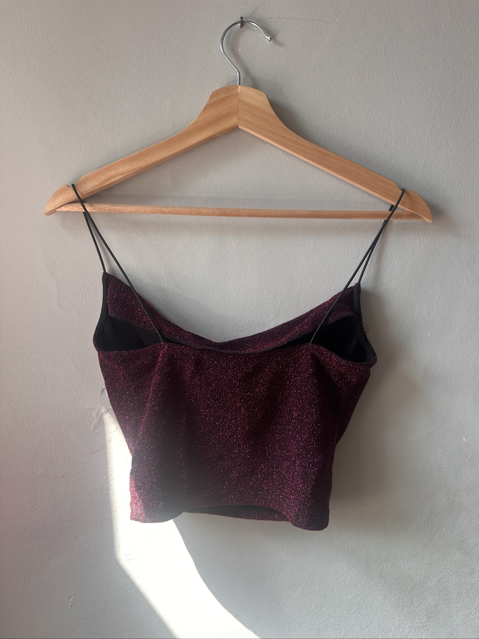 XS Burgundy & Black Glitter Spaghetti Strap Crop Top image 4