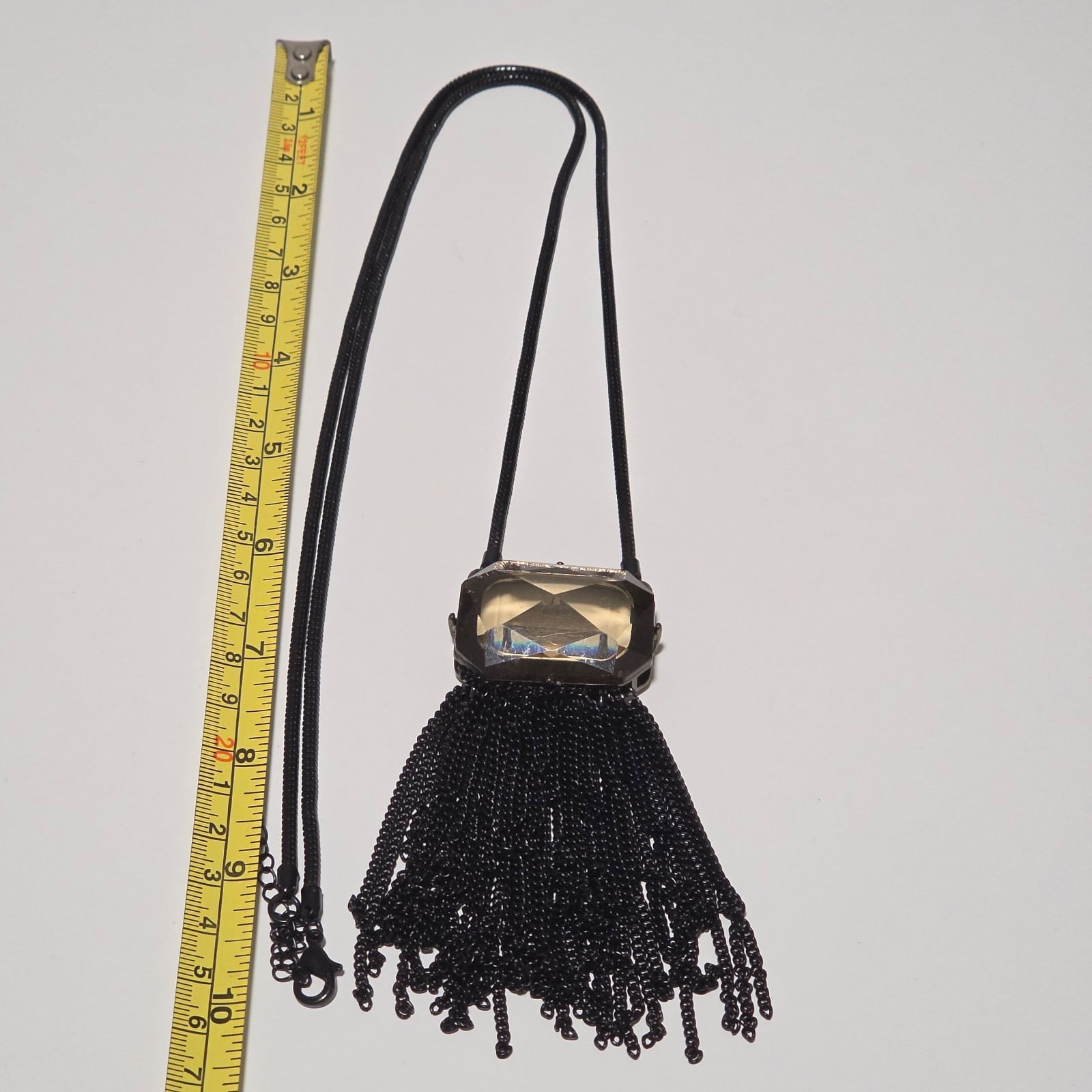 Black Tassel Pendant Necklace with Large Faceted Stone Adjustable Length