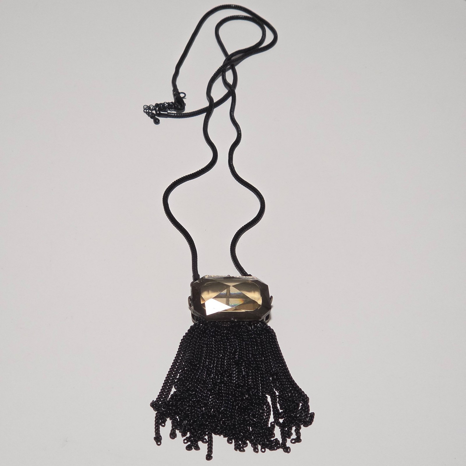 Black Tassel Pendant Necklace with Large Faceted Stone Adjustable Length image 2