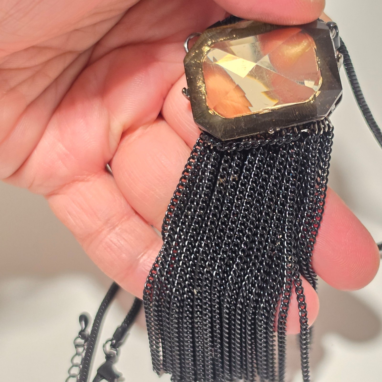 Black Tassel Pendant Necklace with Large Faceted Stone Adjustable Length image 6