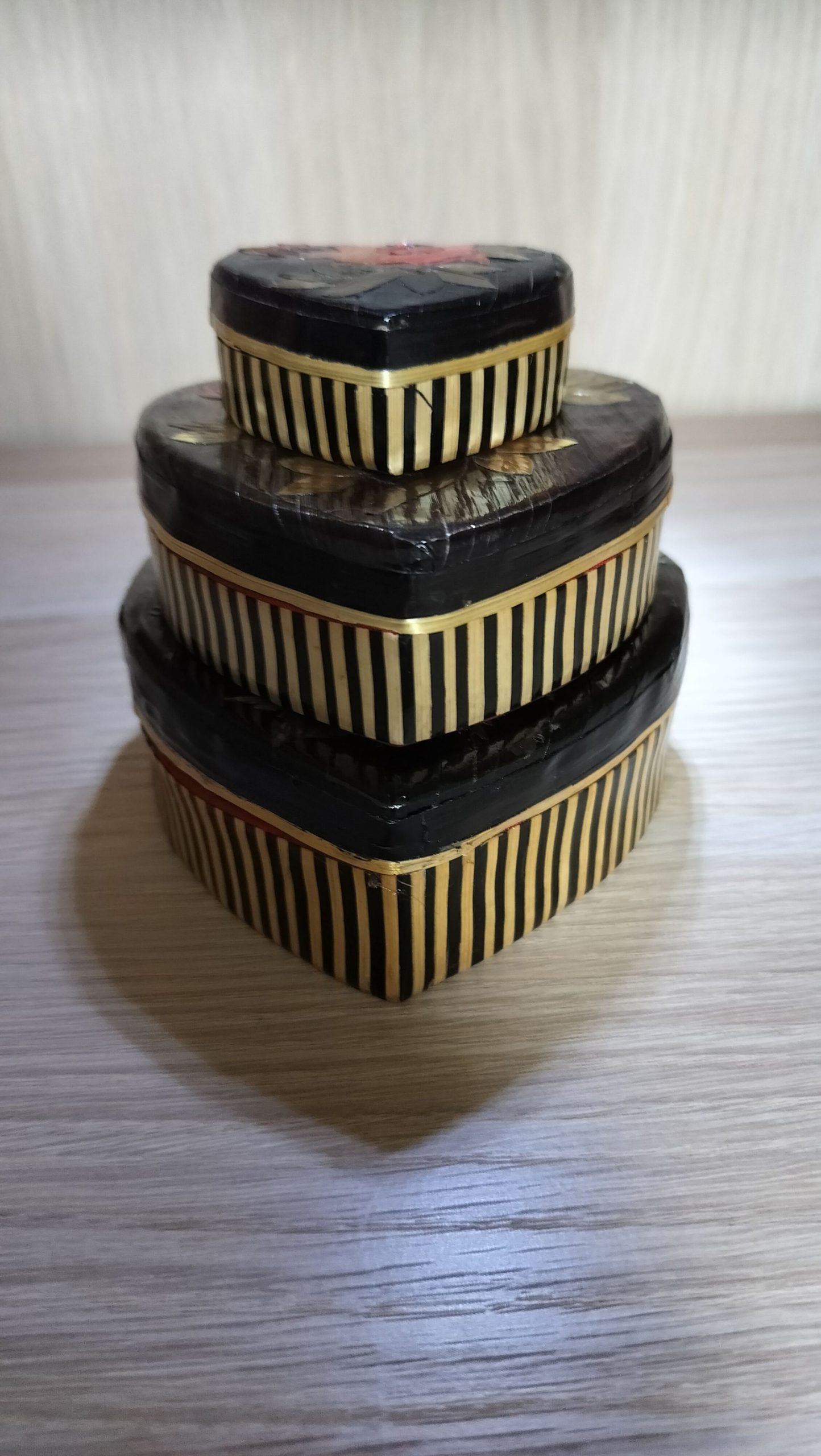 Handmade Black & Gold Heart-Shaped Matte Boxes Set of 3 with Floral Design