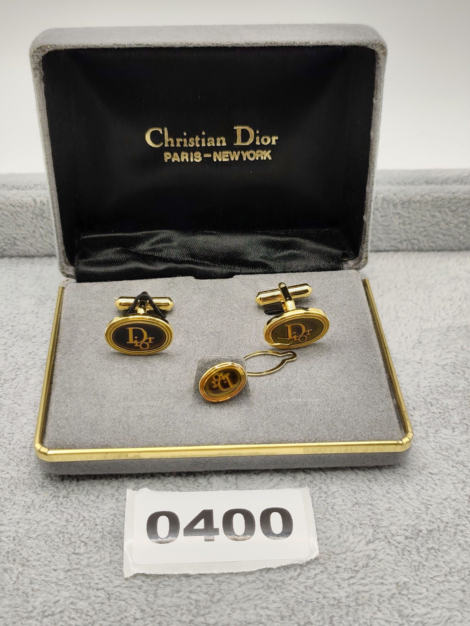 Christian Dior Gold & Black Logo Cufflinks & Tie Clip Set Men