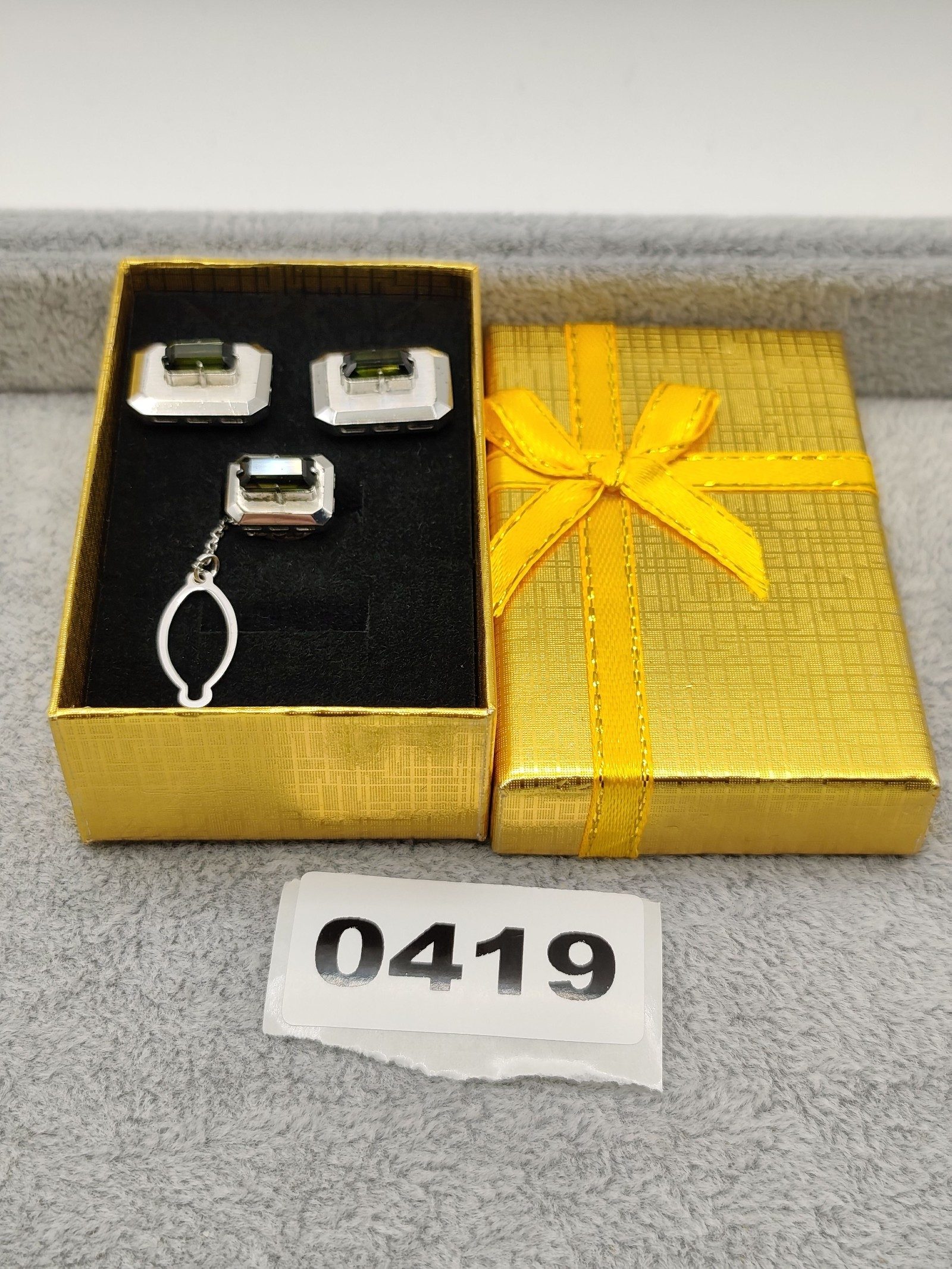 Vintage Silver & Green Rectangular Cufflinks & Tie Clip Set Men Other