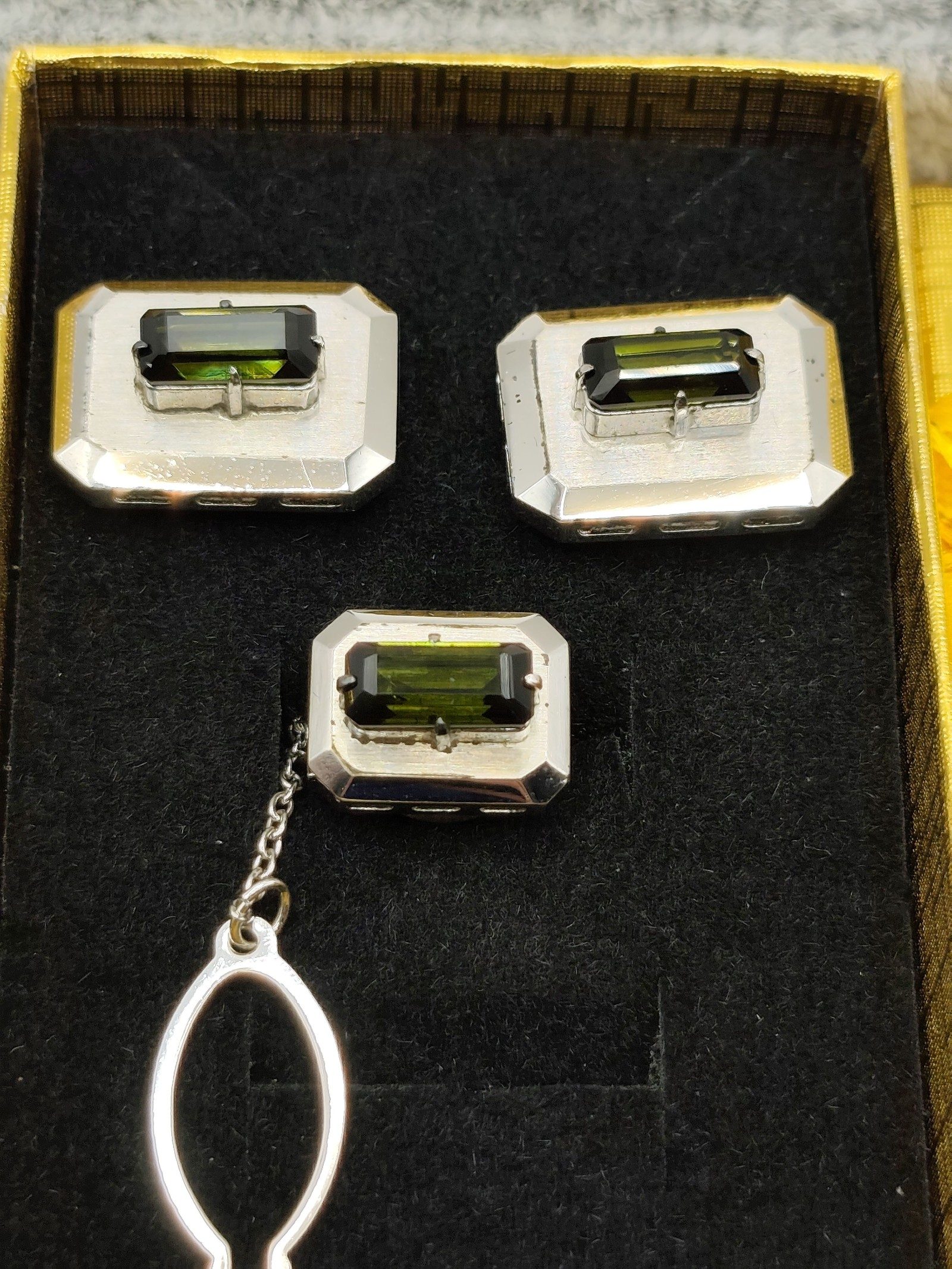Vintage Silver & Green Rectangular Cufflinks & Tie Clip Set Men Other image 2