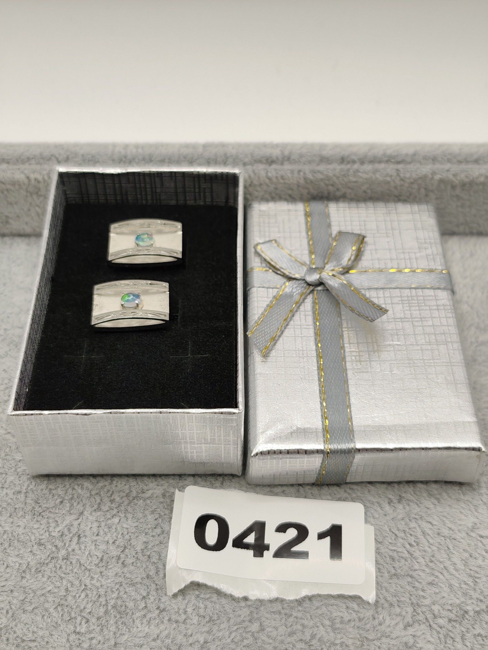 Silver Tone & Blue Opal Men's Rectangular Cufflinks