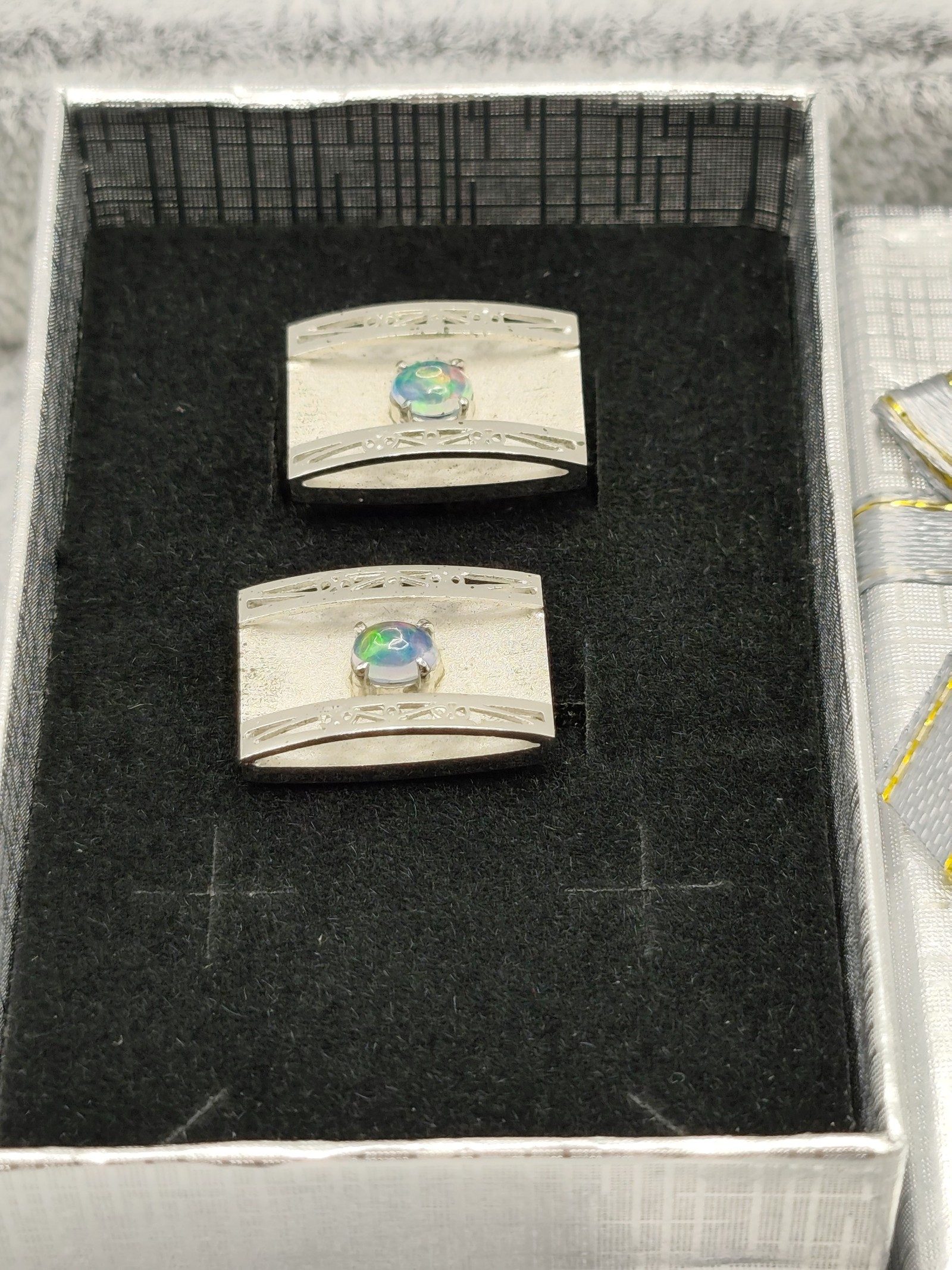 Silver Tone & Blue Opal Men's Rectangular Cufflinks image 2