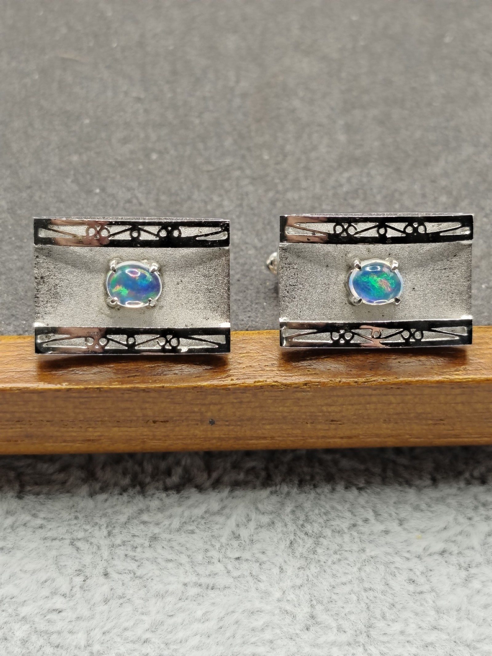 Silver Tone & Blue Opal Men's Rectangular Cufflinks image 3