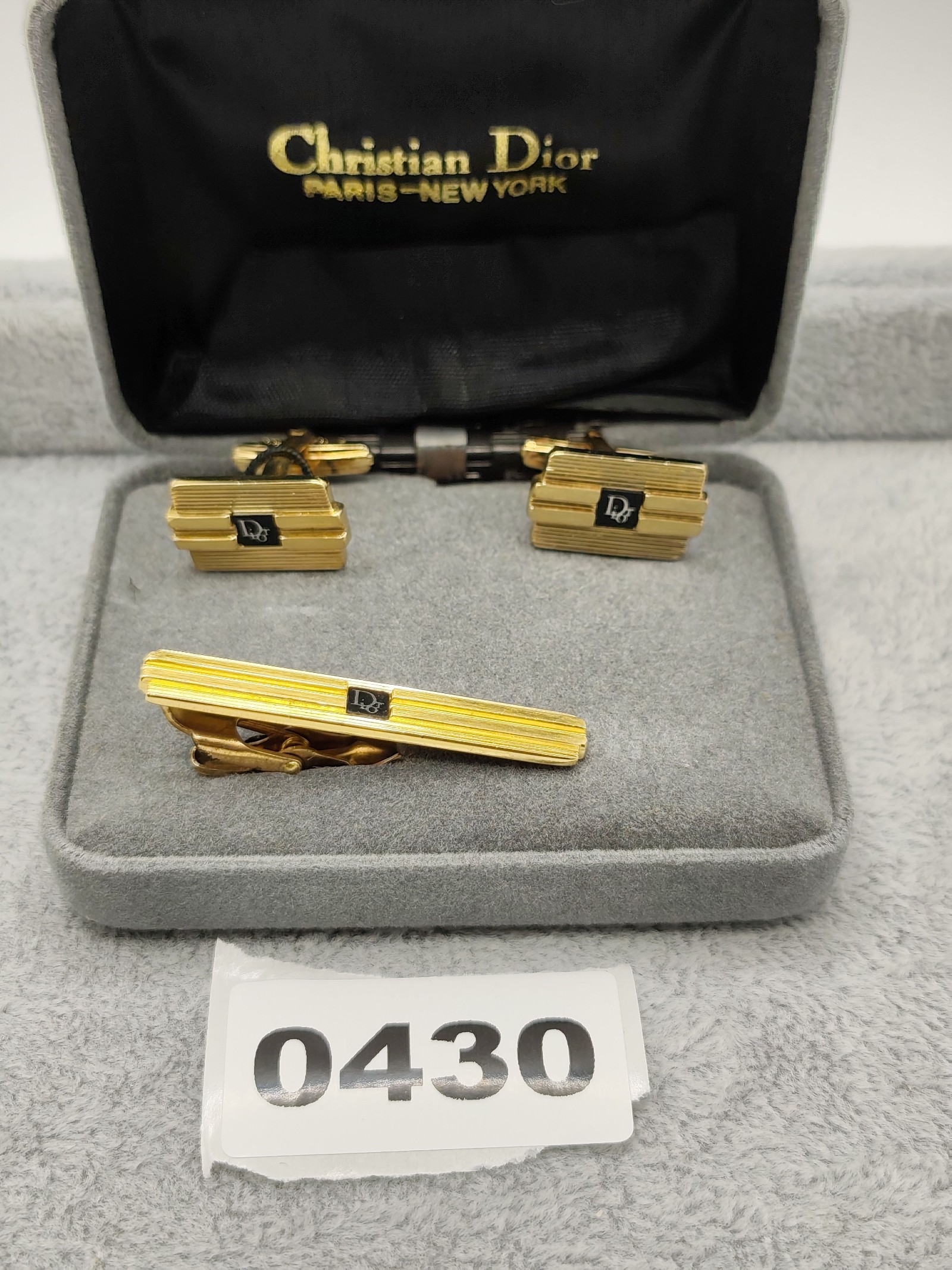 Christian Dior Gold & Black Cufflinks & Tie Clip Set Other