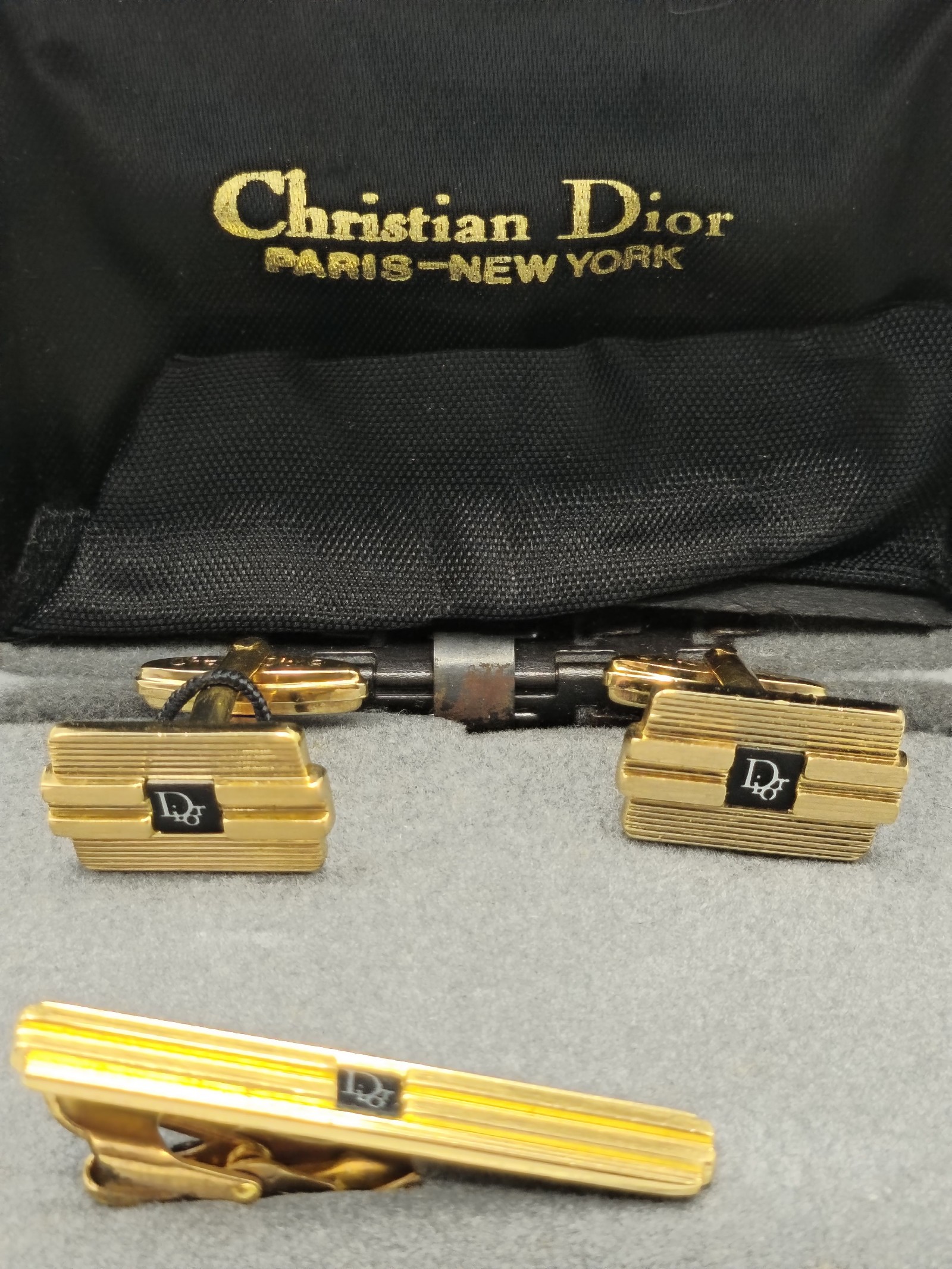 Christian Dior Gold & Black Cufflinks & Tie Clip Set Other image 2