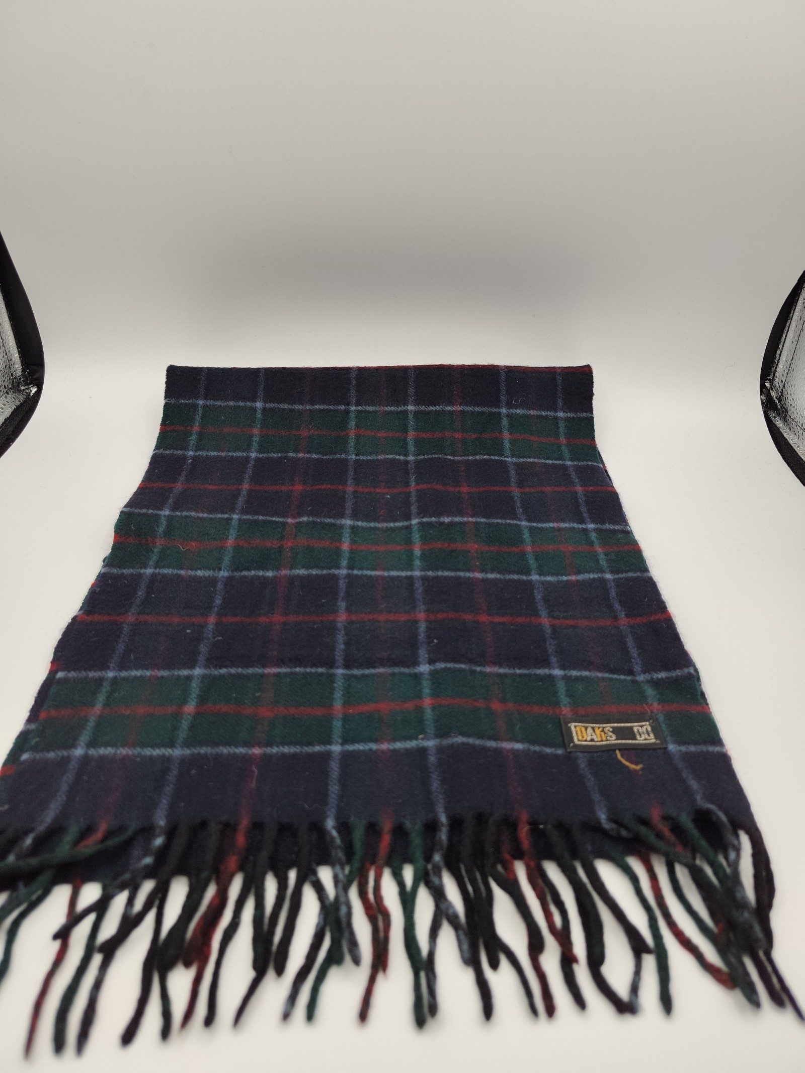 DAKS Navy & Green Tartan Wool Scarf One Size