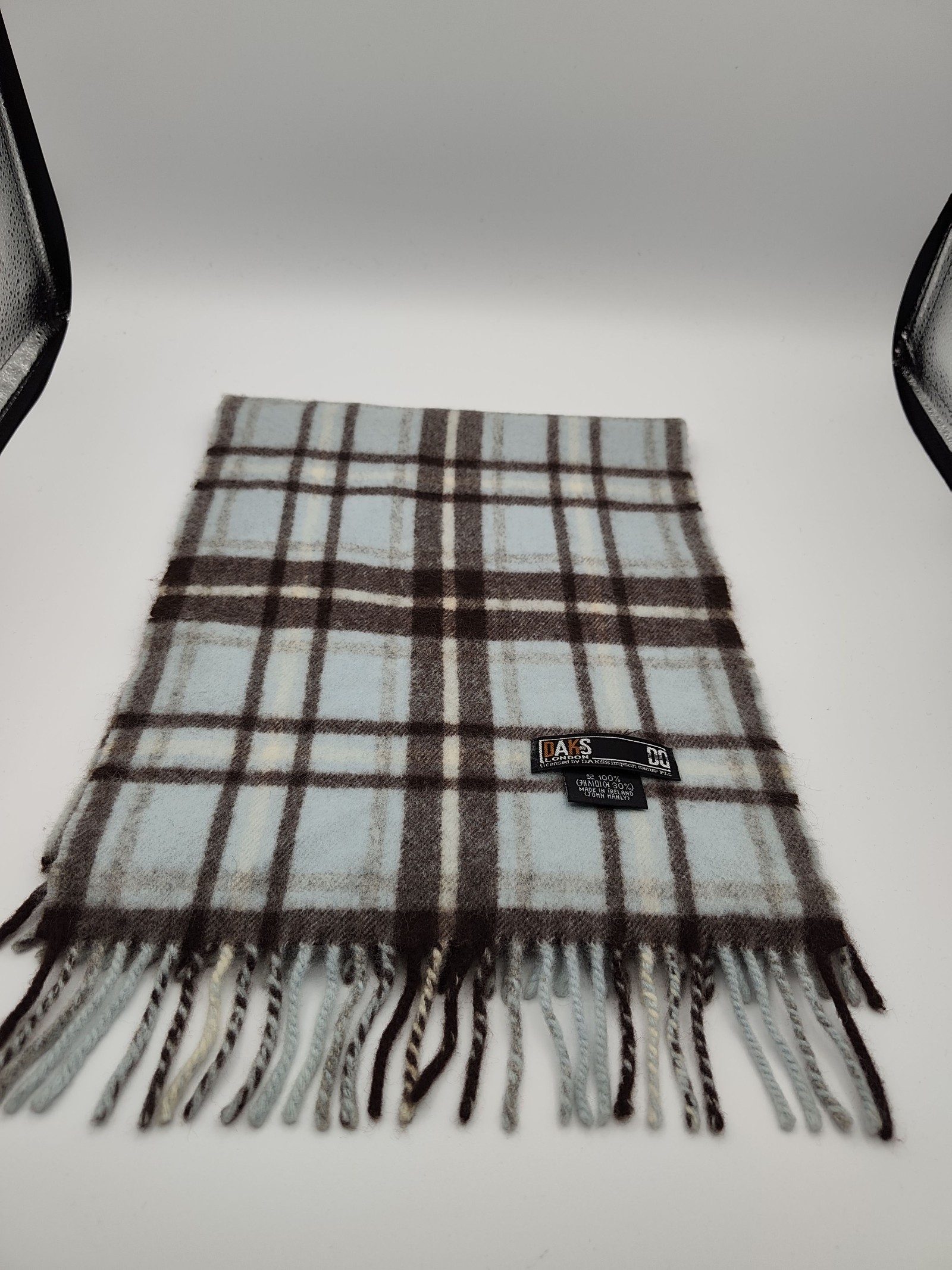 DAKS Blue & Brown Checked Wool Scarf Unisex