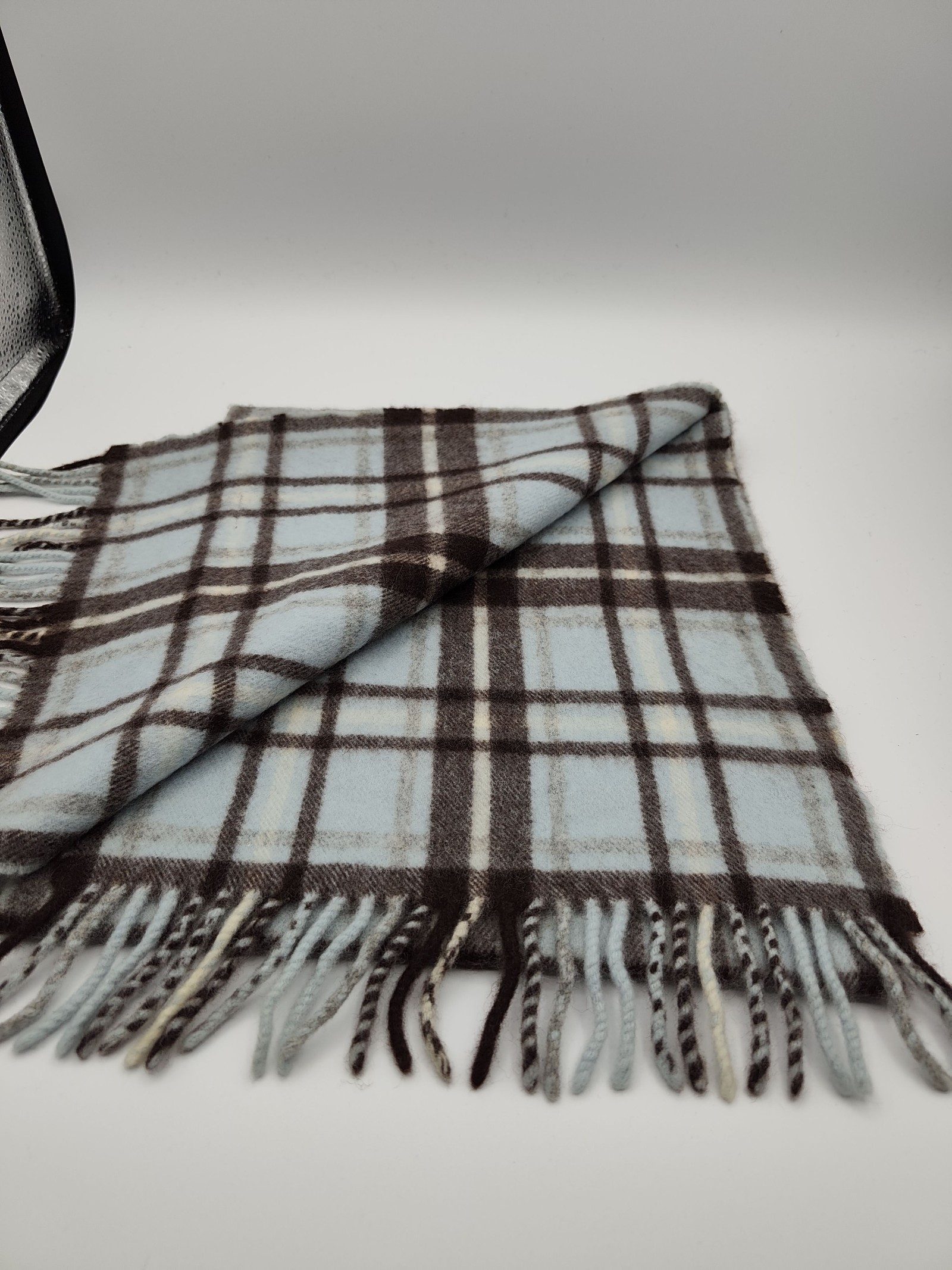 DAKS Blue & Brown Checked Wool Scarf Unisex image 3