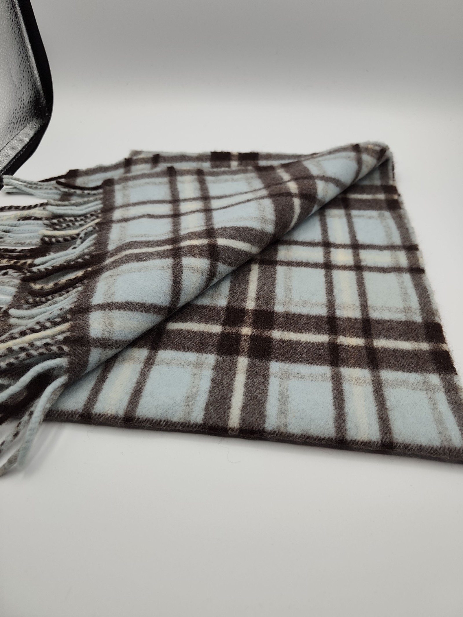 DAKS Blue & Brown Checked Wool Scarf Unisex image 4