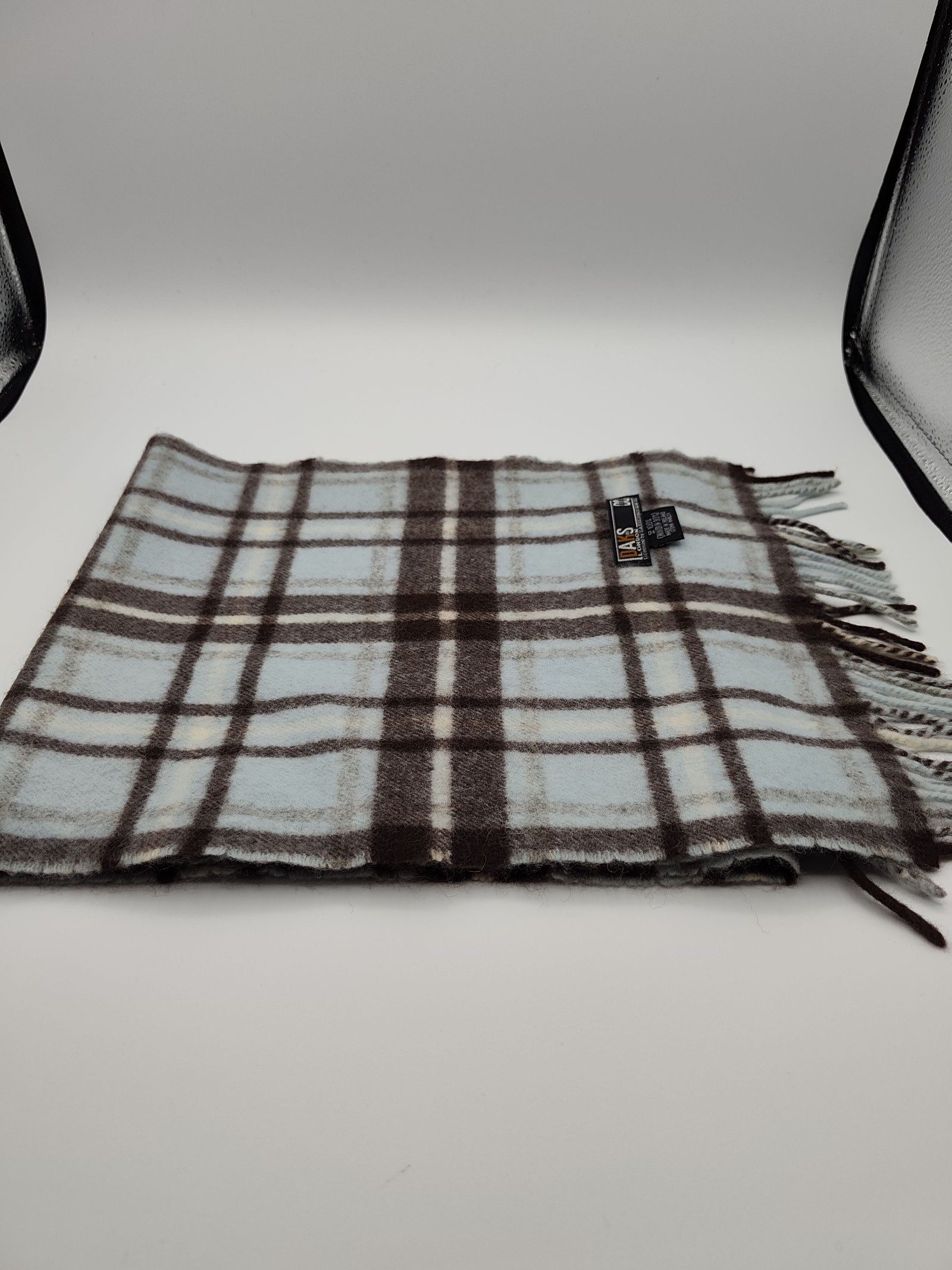 DAKS Blue & Brown Checked Wool Scarf Unisex image 5