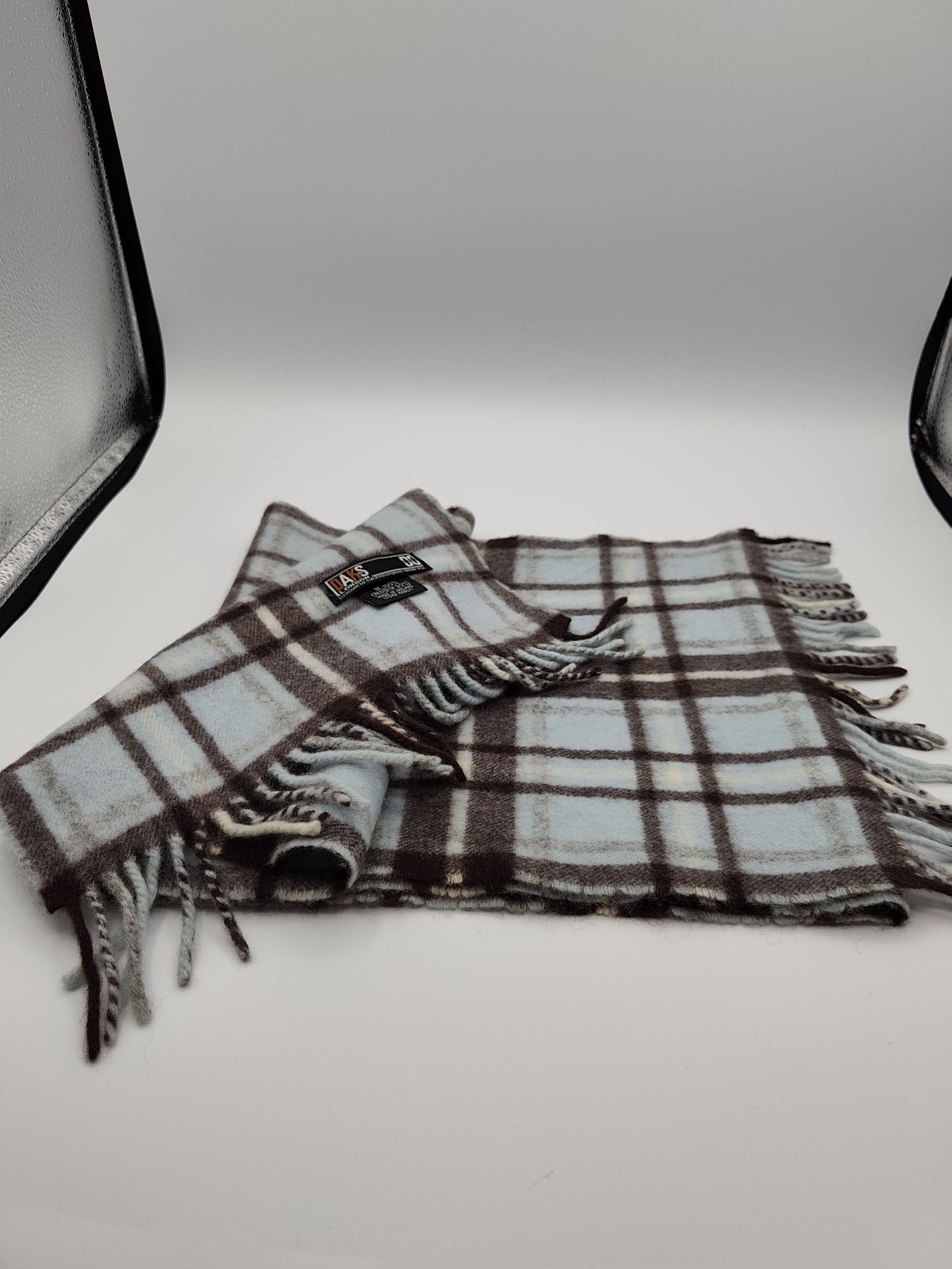 DAKS Blue & Brown Checked Wool Scarf Unisex image 6
