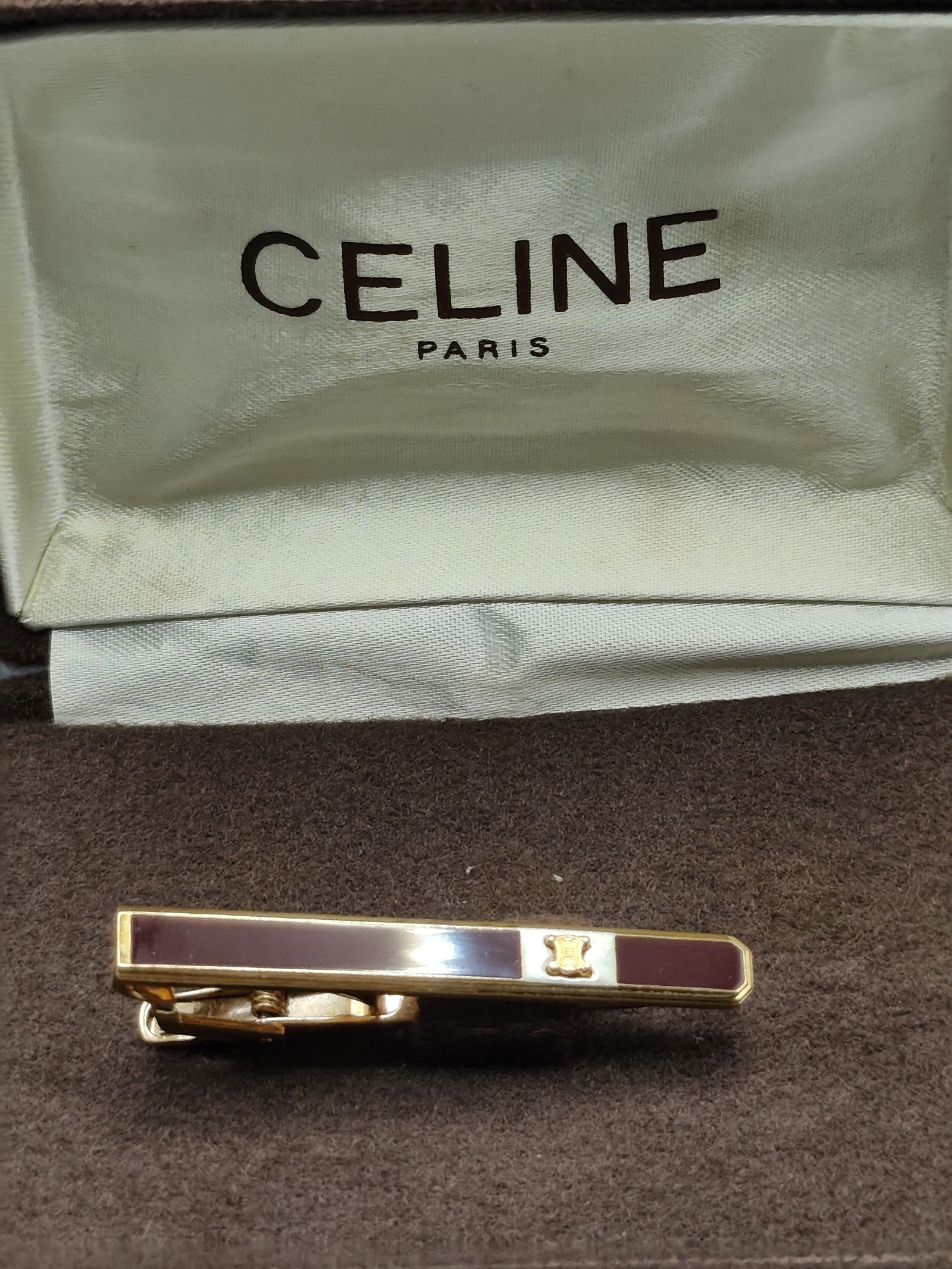 Celine Men's Gold & Brown Enamel Tie Clip with Original Box image 2